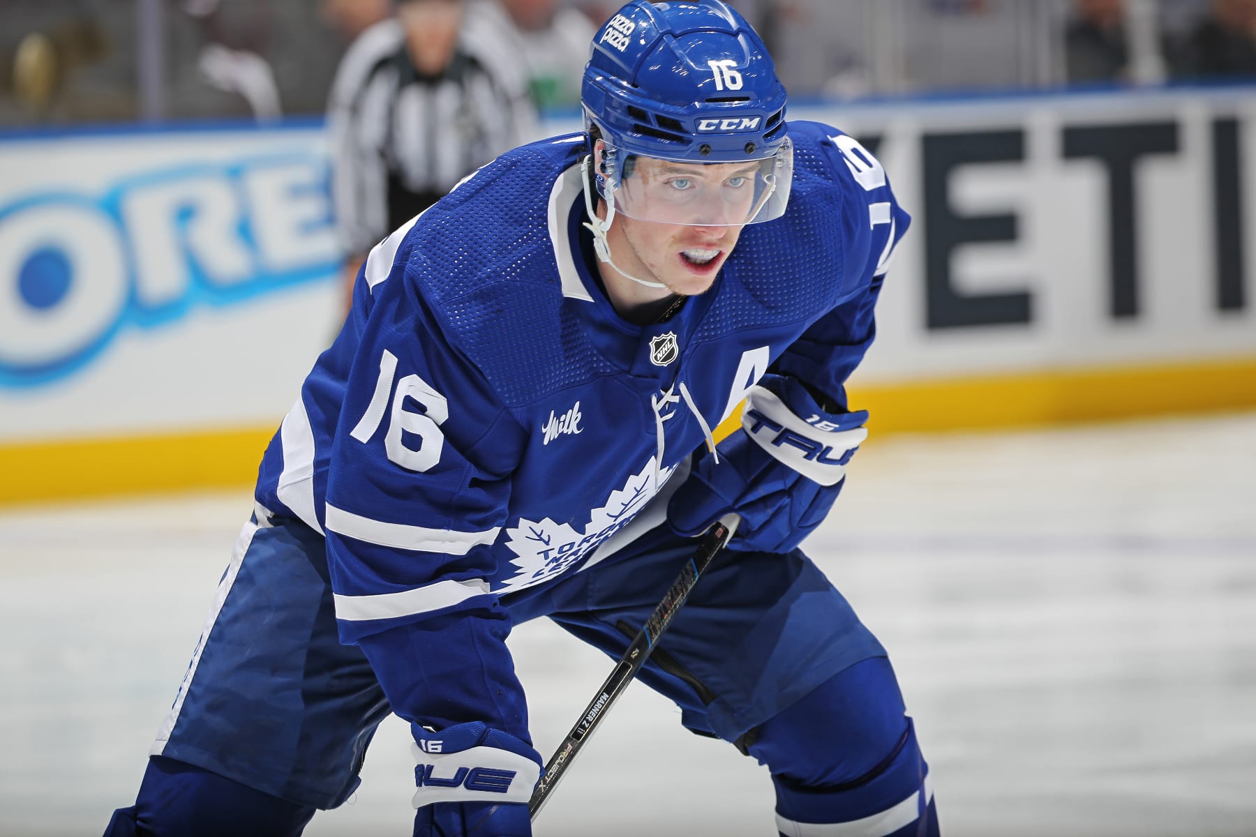TORONTO, CANADA - APRIL 27:  Mitchell Marner #16 of the Toronto Maple Leafs gets set for action to resume against the Boston Bruins in Game Four of the First Round of the 2024 Stanley Cup Playoffs at Scotiabank Arena on April 27, 2024 in Toronto, Ontario, Canada. The Bruins defeated the Maple Leafs 3-1. (Photo by Claus Andersen/Getty Images)