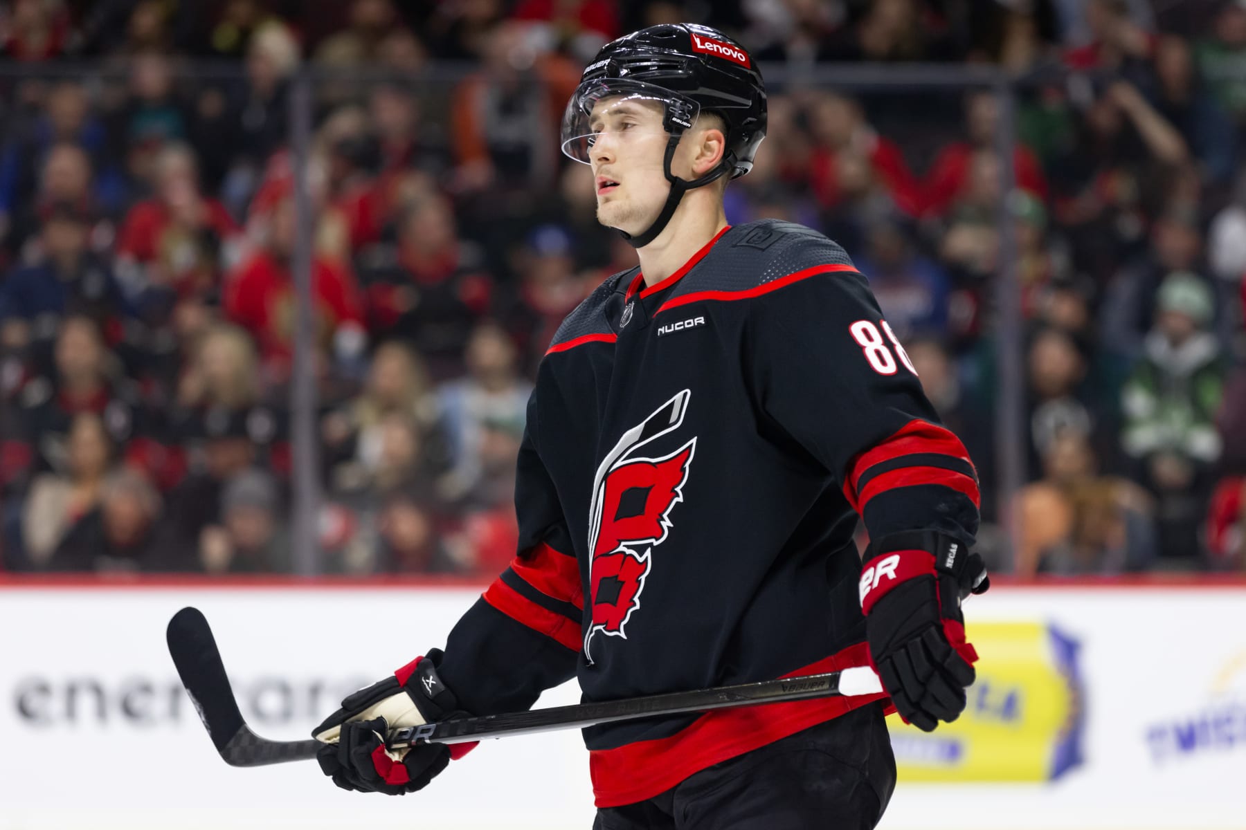 OTTAWA, ON - MARCH 17: Carolina Hurricanes Right Wing Martin Necas (88) after a whistle during second period National Hockey League action between the Carolina Hurricanes and Ottawa Senators on March 17, 2024, at Canadian Tire Centre in Ottawa, ON, Canada. (Photo by Richard A. Whittaker/Icon Sportswire via Getty Images)