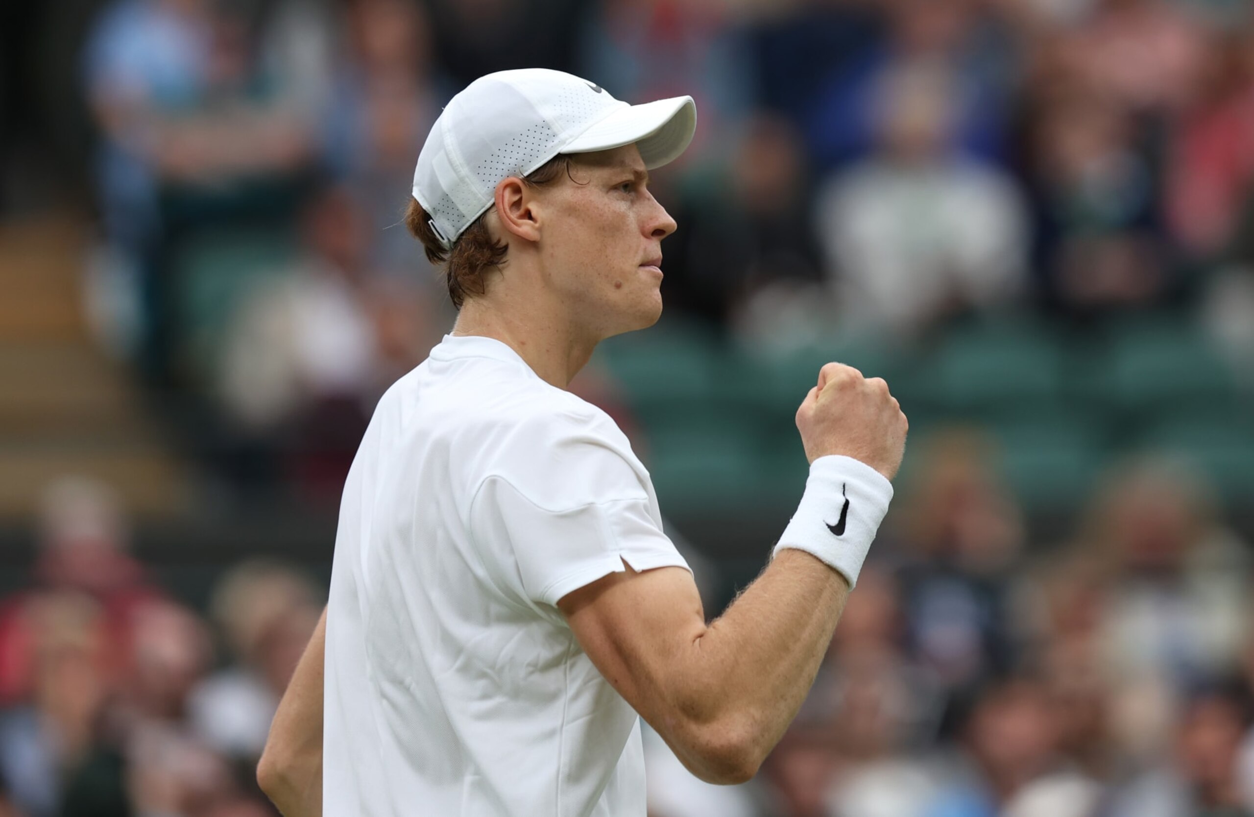 LONDON, ENGLAND - JULY 07: Jannik Sinner of Italy celebrates as he plays against Ben Shelton of United States in his Gentleman's Singles fourth round match during day seven of The Championships Wimbledon 2024 at All England Lawn Tennis and Croquet Club on July 07, 2024 in London, England. (Photo by Francois Nel/Getty Images) LONDON, ENGLAND - JULY 07: Jannik Sinner of Italy celebrates as he plays against Ben Shelton of United States in his Gentleman's Singles fourth round match during day seven of The Championships Wimbledon 2024 at All England Lawn Tennis and Croquet Club on July 07, 2024 in London, England. (Photo by Francois Nel/Getty Images)