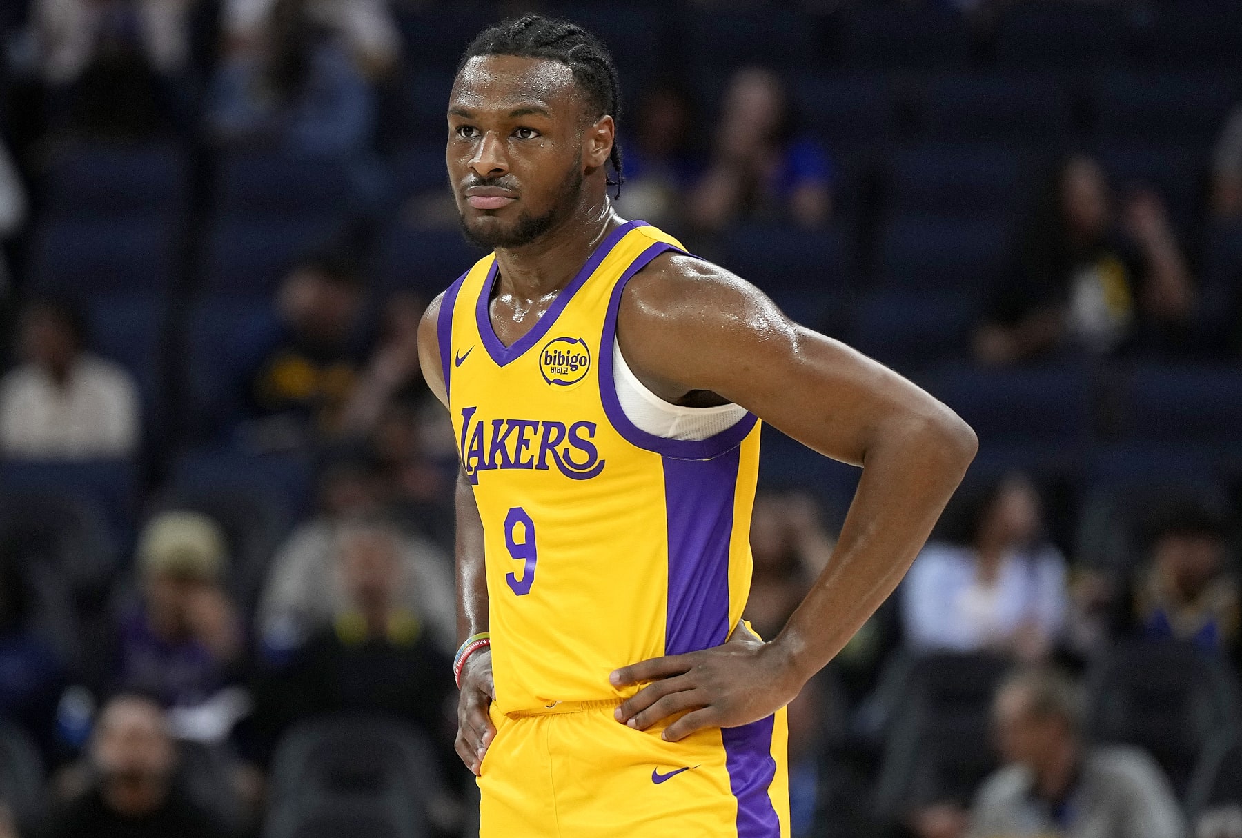 SAN FRANCISCO, CALIFORNIA - JULY 06: Bronny James Jr. #9 of the Los Angeles Lakers looks on against the Sacramento Kings during the first half of the 2024 California Classic summer league game at Chase Center on July 06, 2024 in San Francisco, California. NOTE TO USER: User expressly acknowledges and agrees that, by downloading and or using this photograph, User is consenting to the terms and conditions of the Getty Images License Agreement. (Photo by Thearon W. Henderson/Getty Images)