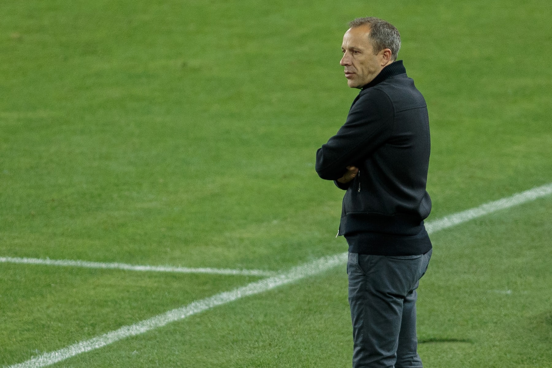 LOS ANGELES, CA - APRIL 27: Steve Cherundolo Los Angeles FC head coach watching his group from the sideline during a regular MLS league game between Portland Timbers and Los Angeles FC at BMO Stadium on April 27, 2024 in Los Angeles, California. (Photo by Michael Janosz/ISI Photos/Getty Images)