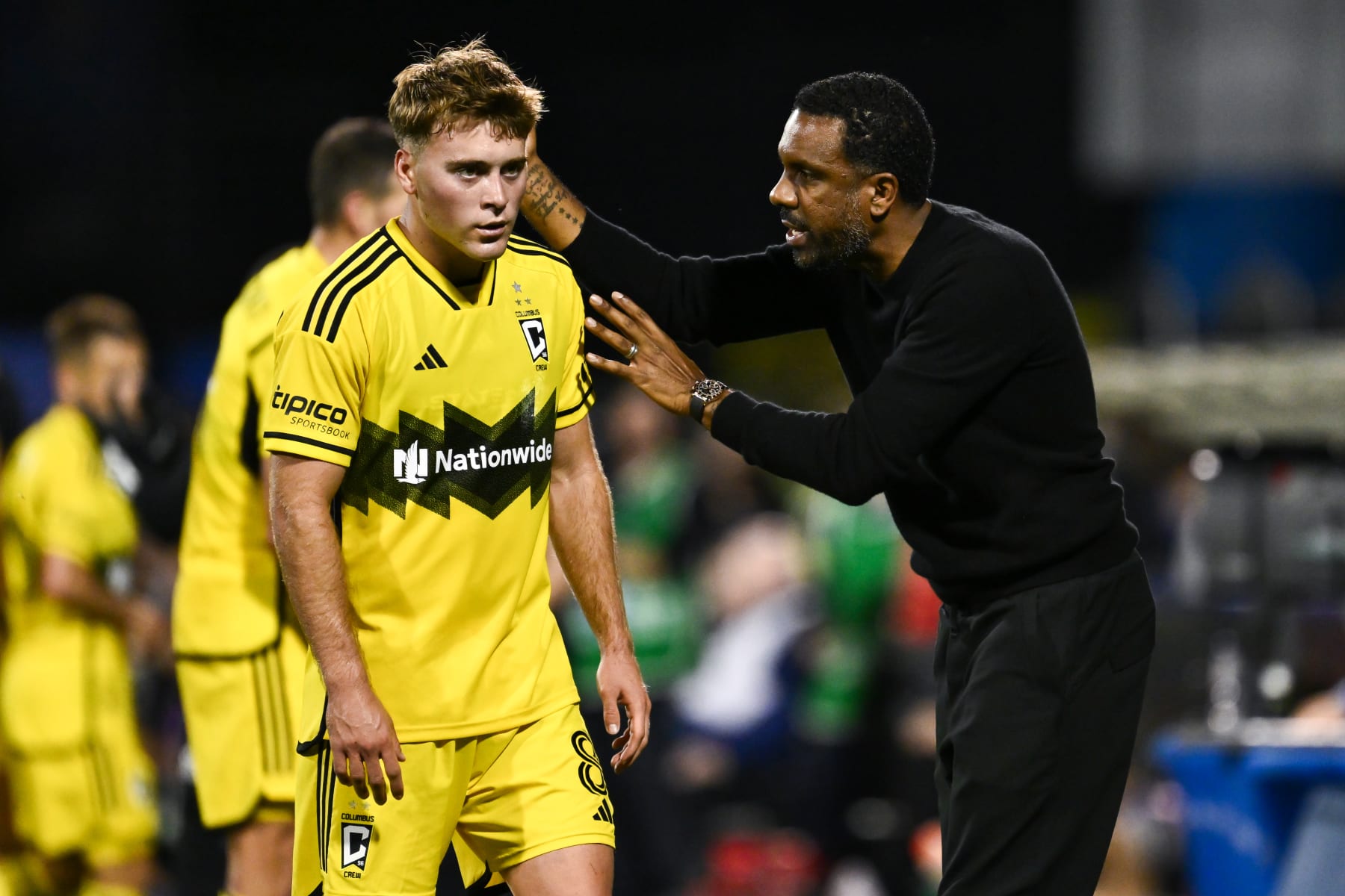 MONTREAL, CANADA - MAY 15:  Head coach of Columbus Crew, Wilfried Nancy speaks with Aidan Morris #8 during the second half against CF Montréal at Saputo Stadium on May 15, 2024 in Montreal, Quebec, Canada.  Columbus Crew defeated CF Montréal 3-1.  (Photo by Minas Panagiotakis/Getty Images)