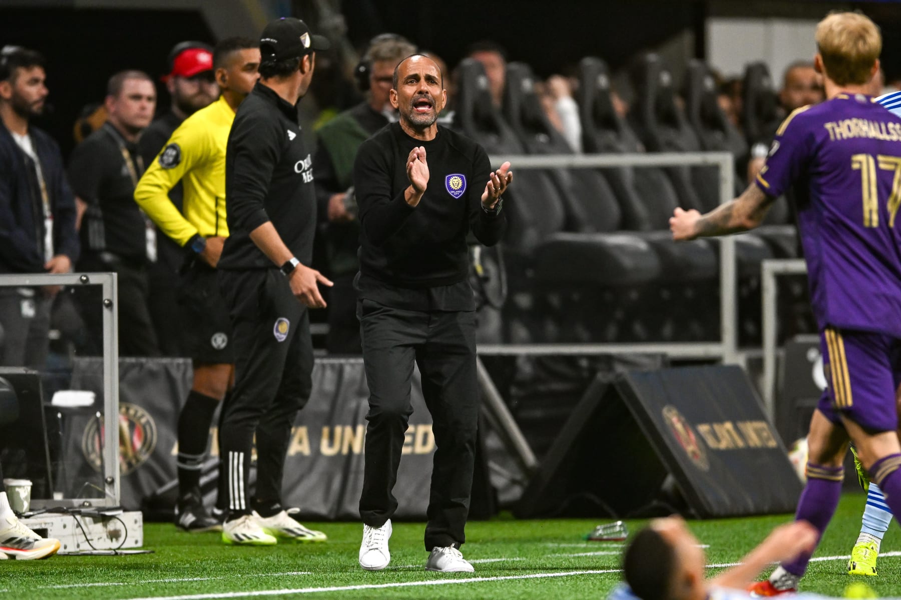 ATLANTA, GA  MARCH 17:  Orlando head coach Oscar Pareja reacts during the MLS match between Orlando City SC and Atlanta United FC on March 17th, 2024 at Mercedes-Benz Stadium in Atlanta, GA.  (Photo by Rich von Biberstein/Icon Sportswire via Getty Images)