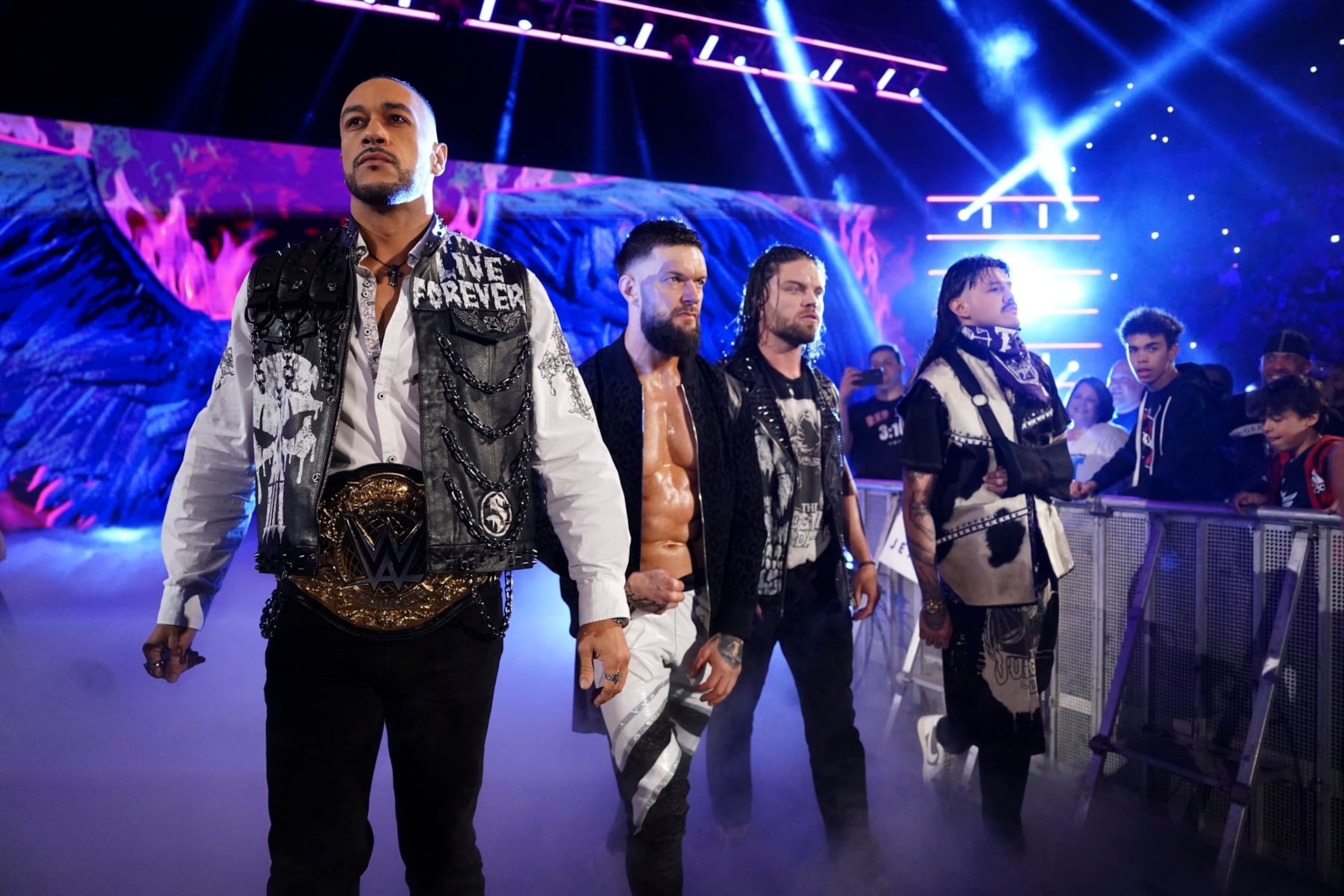HARTFORD, CONNECTICUT - MAY 6: Damian Priest, Finn Balor, JD McDonagh, and Dominik Mysterio of The Judgment Day enter the arena during Monday Night RAW at XL Center on May 6, 2024 in Hartford, Connecticut.  (Photo by WWE/Getty Images)