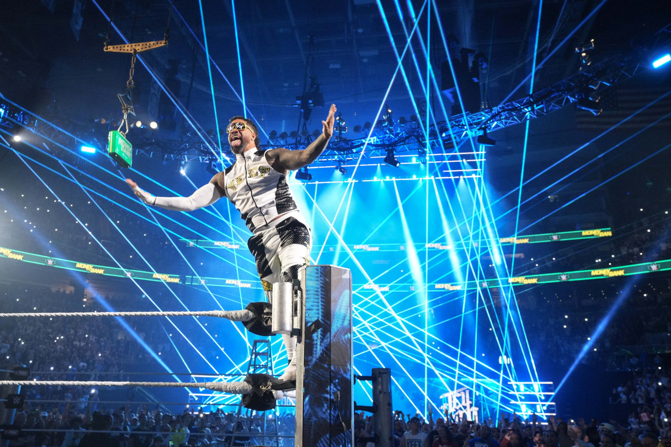 TORONTO, CANADA - JULY 6: Jey Uso makes his way to the ring during Money in the Bank at Scotiabank Arena on July 6, 2024 in Toronto, Ontario.  (Photo by WWE/Getty Images)