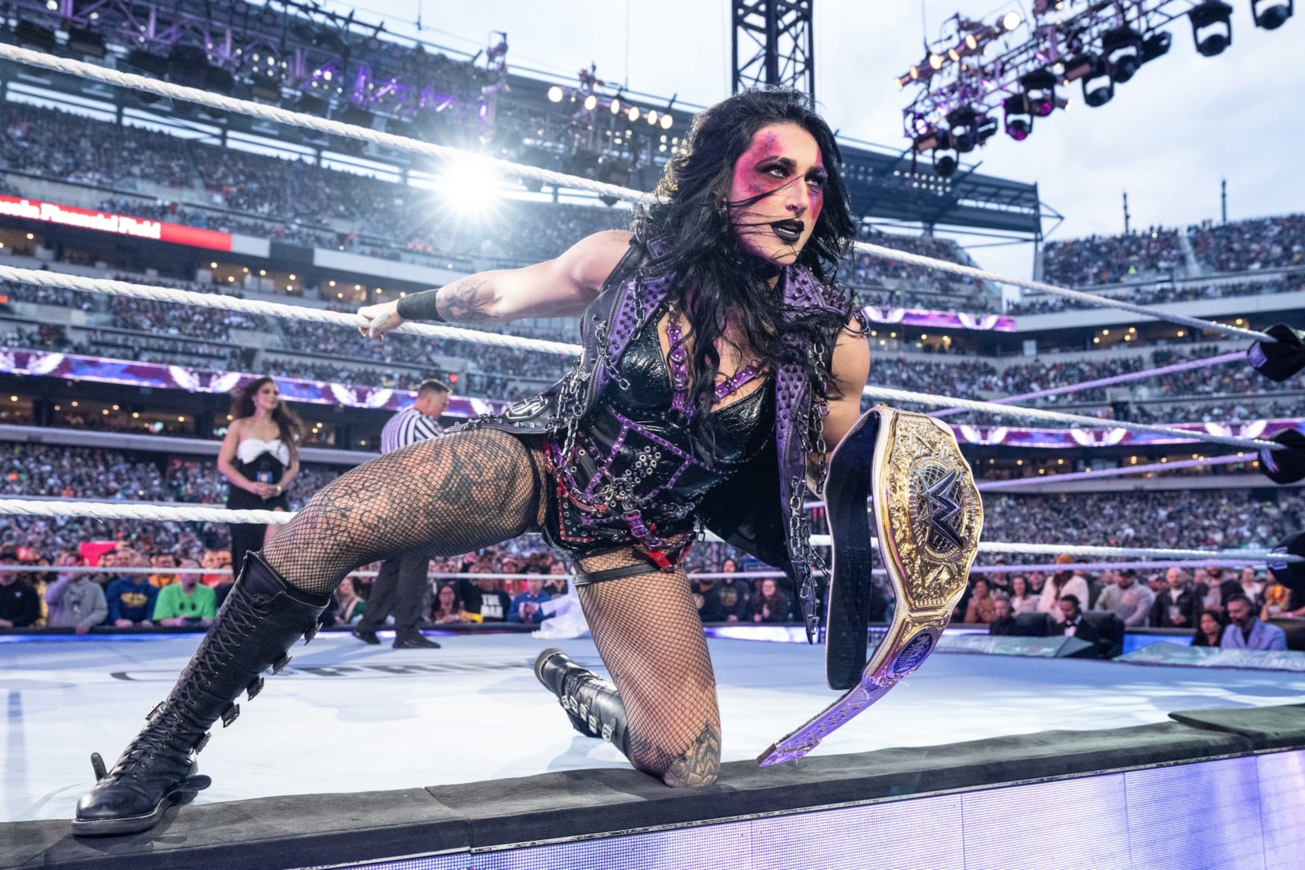 PHILADELPHIA, PENNSYLVANIA - APRIL 6: Rhea Ripley enters the ring during Night One of WrestleMania 40 at Lincoln Financial Field on April 6, 2024 in Philadelphia, Pennsylvania. (Photo by WWE/Getty Images)