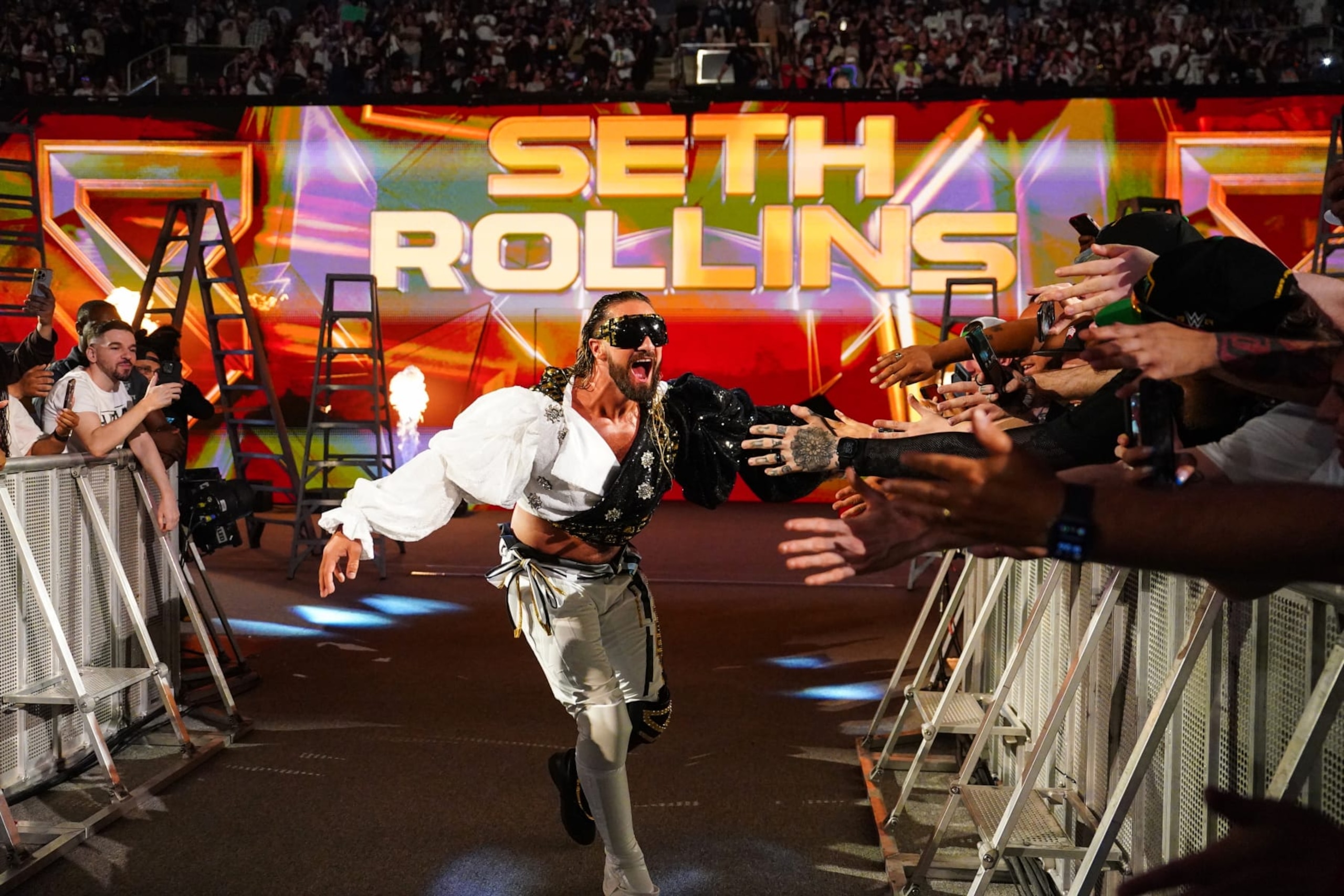 TORONTO, CANADA - JULY 6: Seth Rollins makes his way to the ring during Money in the Bank at Scotiabank Arena on July 6, 2024 in Toronto, Ontario.  (Photo by WWE/Getty Images)