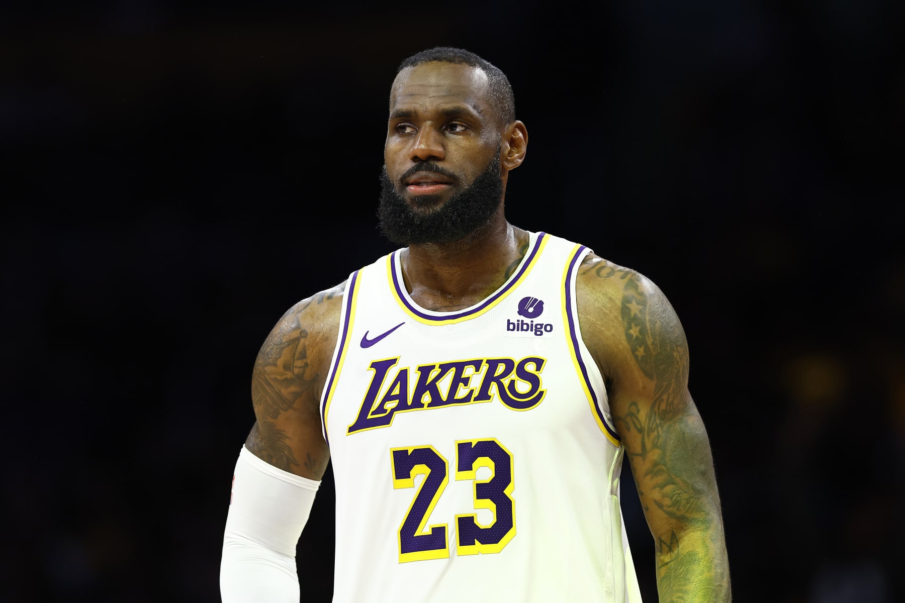 LOS ANGELES, CALIFORNIA - APRIL 27:  LeBron James #23 of the Los Angeles Lakers during game four of the Western Conference First Round Playoffs at Crypto.com Arena on April 27, 2024 in Los Angeles, California.  NOTE TO USER: User expressly acknowledges and agrees that, by downloading and/or using this photograph, user is consenting to the terms and conditions of the Getty Images License Agreement.  (Photo by Ronald Martinez/Getty Images)