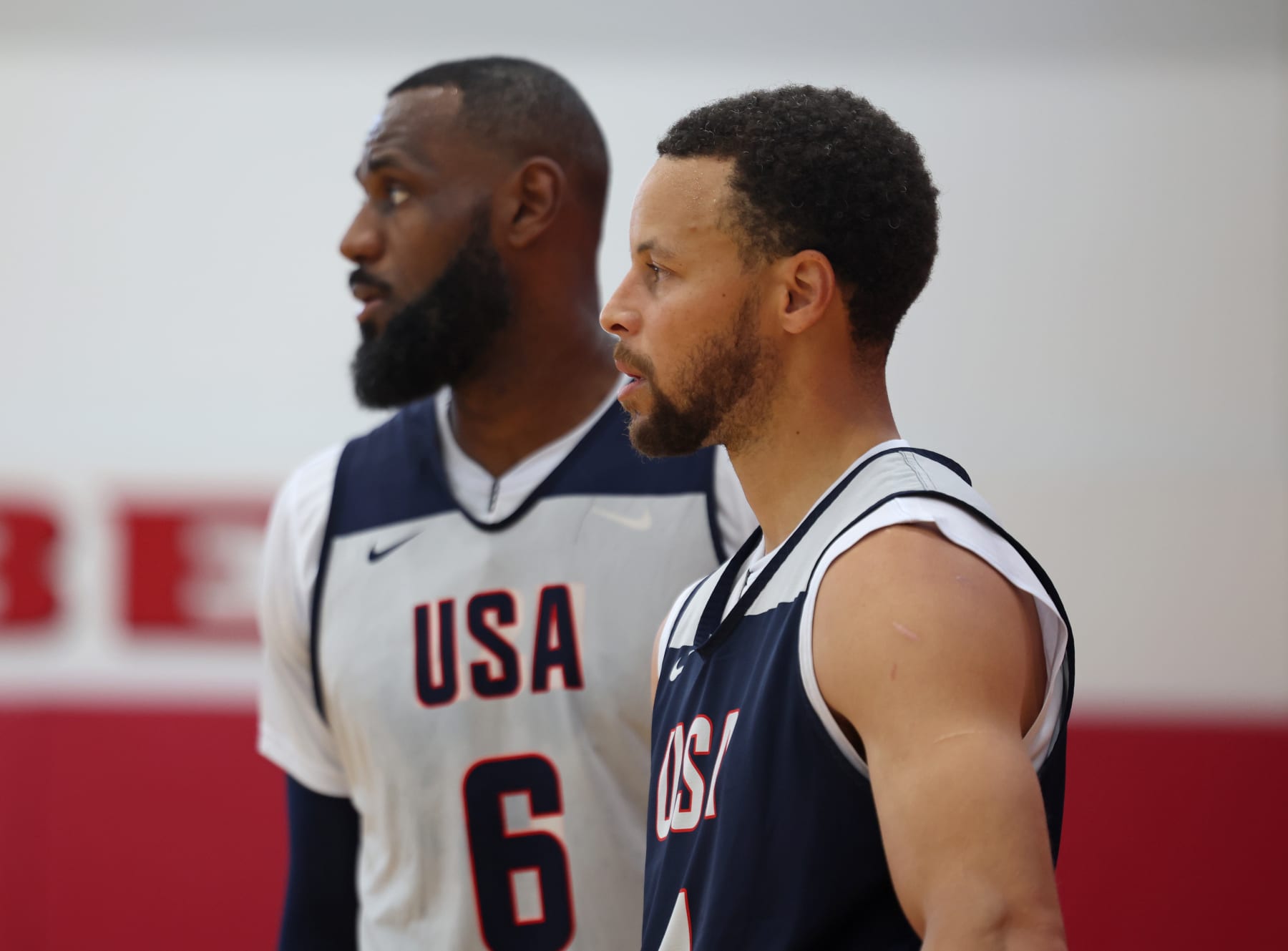 LAS VEGAS, NV - JULY 7: LeBron James #6 and Stephen Curry #4 of the USA Basketball Men's Team look on during USAB Men's Training Camp in Las Vegas on July 7, 2024 in Las Vegas Nevada. NOTE TO USER: User expressly acknowledges and agrees that, by downloading and/or using this Photograph, user is consenting to the terms and conditions of the Getty Images License Agreement. Mandatory Copyright Notice: Copyright 2024 NBAE (Photo by Mercedes Oliver/NBAE via Getty Images)