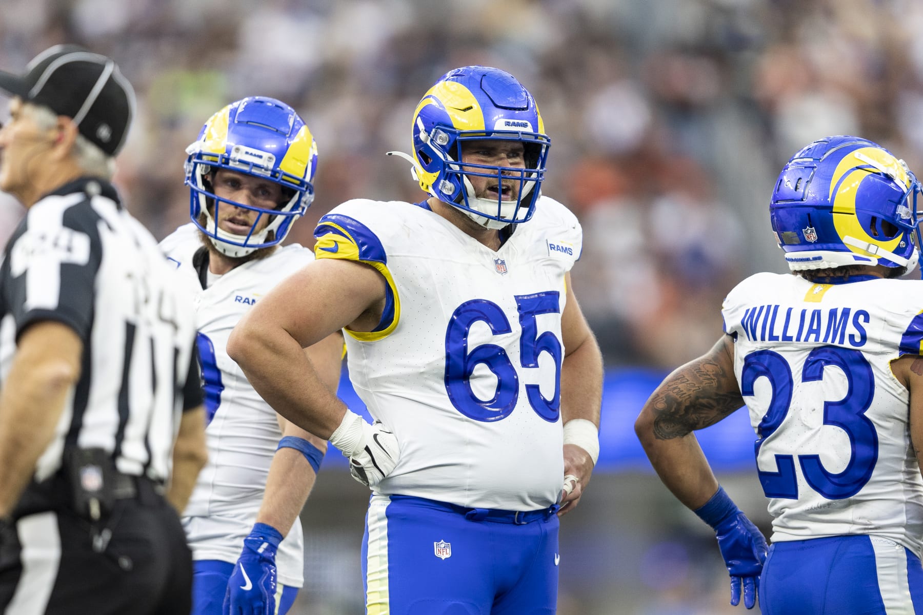 INGLEWOOD, CALIFORNIA - DECEMBER 03: Coleman Shelton #65 of the Los Angeles Rams looks on during an NFL football game between the Los Angeles Rams and the Cleveland Browns at SoFi Stadium on December 03, 2023 in Inglewood, California. (Photo by Michael Owens/Getty Images)