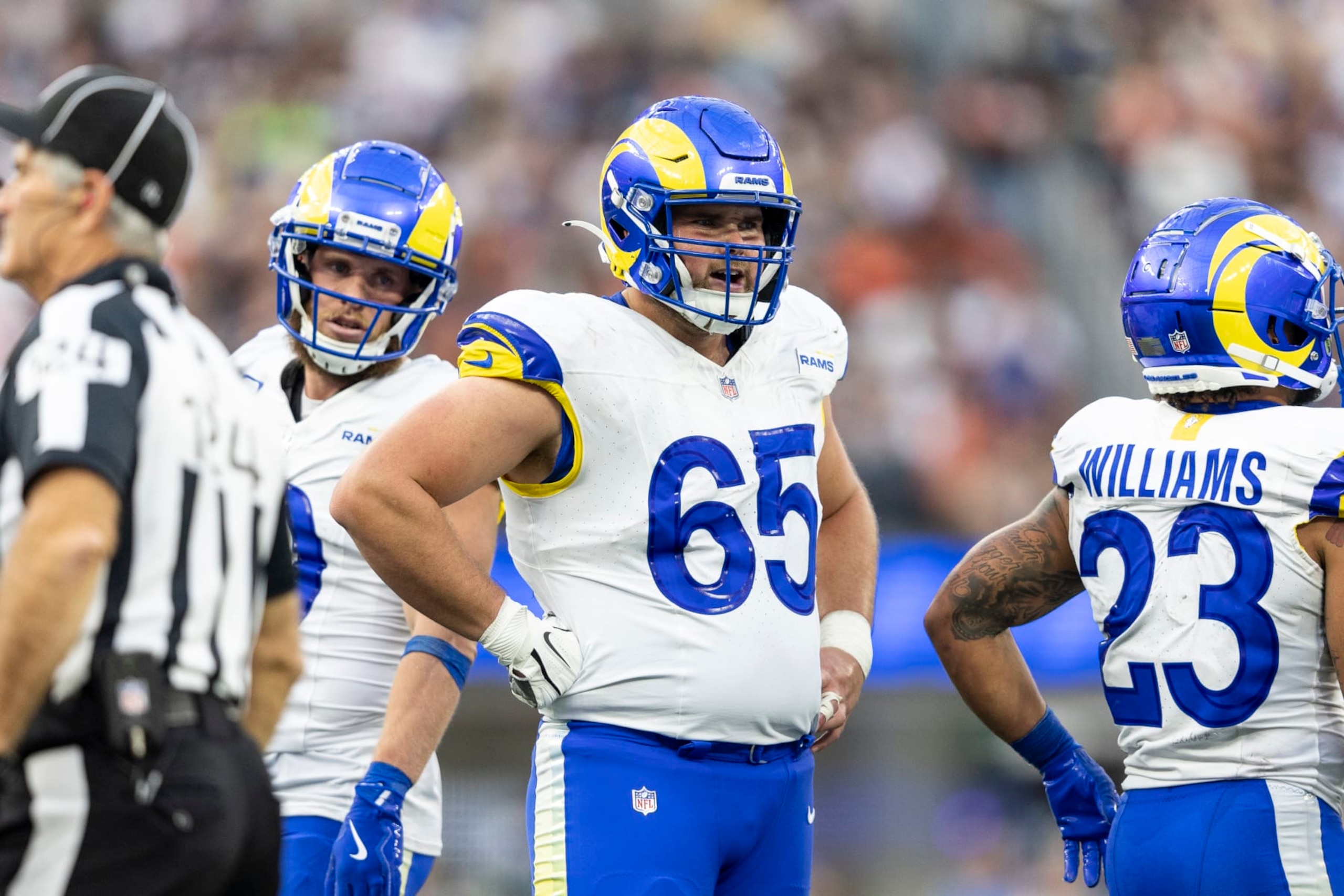 INGLEWOOD, CALIFORNIA - DECEMBER 03: Coleman Shelton #65 of the Los Angeles Rams looks on during an NFL football game between the Los Angeles Rams and the Cleveland Browns at SoFi Stadium on December 03, 2023 in Inglewood, California. (Photo by Michael Owens/Getty Images) INGLEWOOD, CALIFORNIA - DECEMBER 03: Coleman Shelton #65 of the Los Angeles Rams looks on during an NFL football game between the Los Angeles Rams and the Cleveland Browns at SoFi Stadium on December 03, 2023 in Inglewood, California. (Photo by Michael Owens/Getty Images)