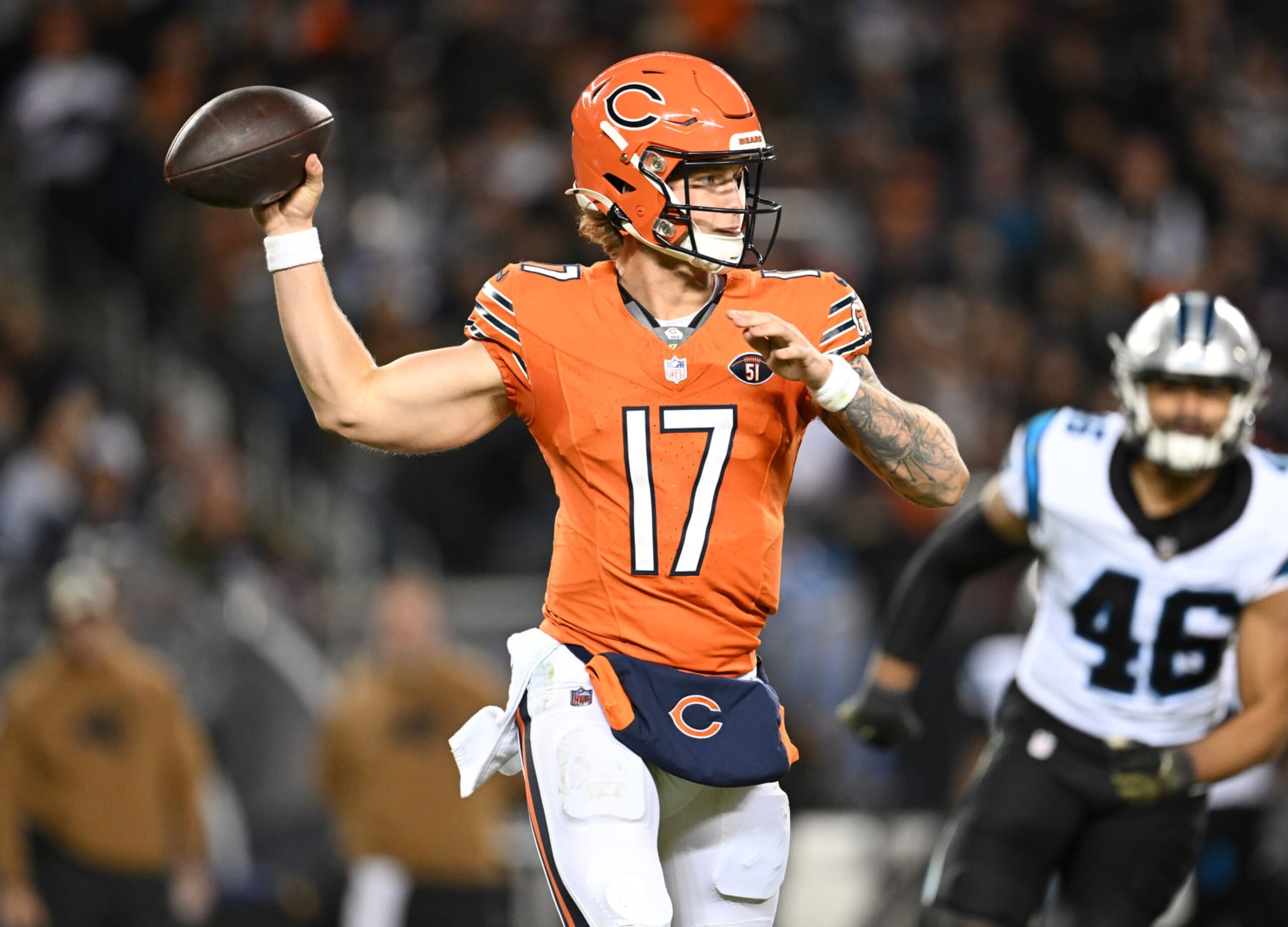 CHICAGO, ILLINOIS - NOVEMBER 09: Tyson Bagent #17 of the Chicago Bears throws a pass during the second half against the Carolina Panthers at Soldier Field on November 09, 2023 in Chicago, Illinois. (Photo by Quinn Harris/Getty Images) CHICAGO, ILLINOIS - NOVEMBER 09: Tyson Bagent #17 of the Chicago Bears throws a pass during the second half against the Carolina Panthers at Soldier Field on November 09, 2023 in Chicago, Illinois. (Photo by Quinn Harris/Getty Images)