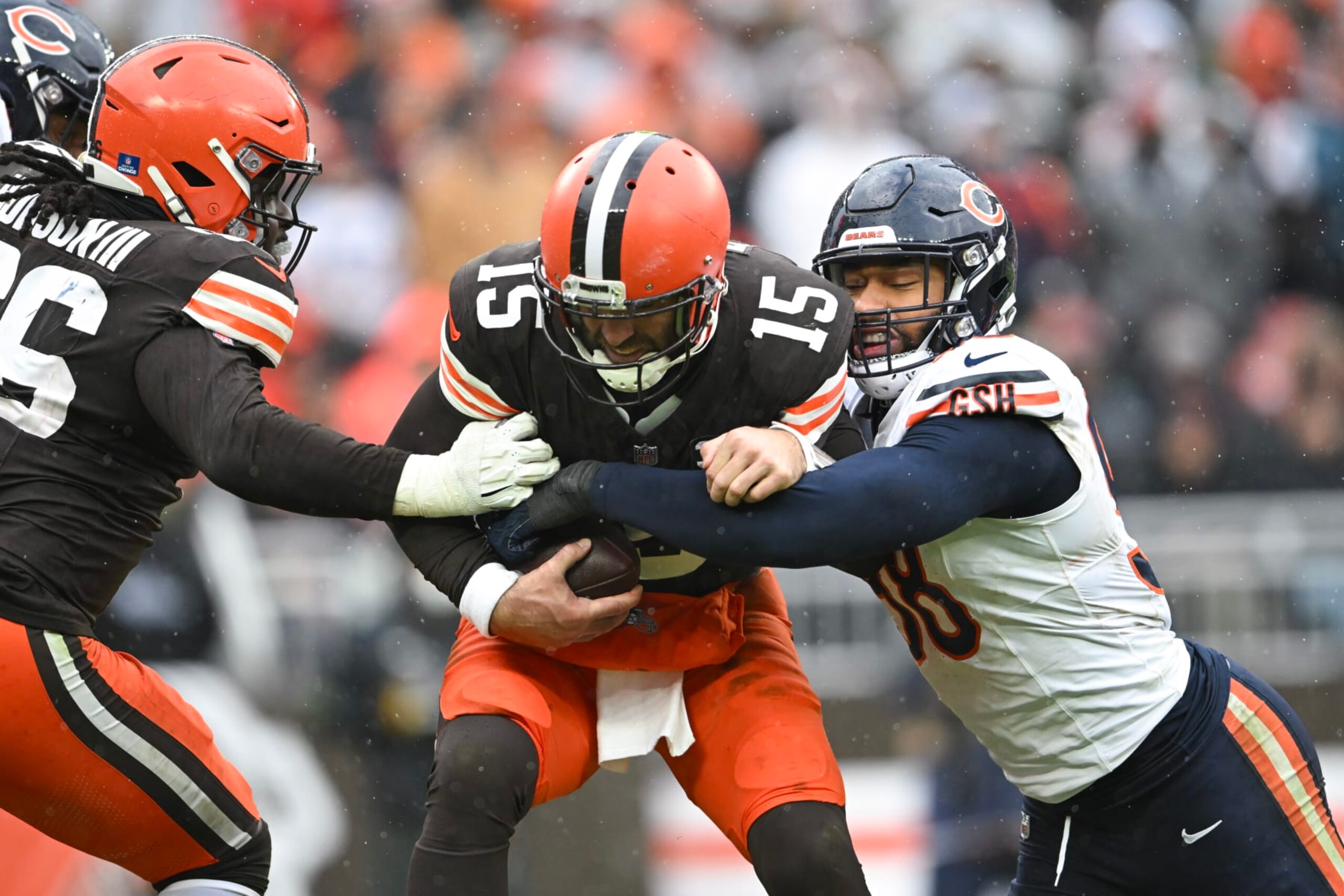 CLEVELAND, OHIO - DECEMBER 17: Montez Sweat #98 of the Chicago Bears sacks Joe Flacco #15 of the Cleveland Browns during the third quarter at Cleveland Browns Stadium on December 17, 2023 in Cleveland, Ohio. (Photo by Nick Cammett/Getty Images) CLEVELAND, OHIO - DECEMBER 17: Montez Sweat #98 of the Chicago Bears sacks Joe Flacco #15 of the Cleveland Browns during the third quarter at Cleveland Browns Stadium on December 17, 2023 in Cleveland, Ohio. (Photo by Nick Cammett/Getty Images)