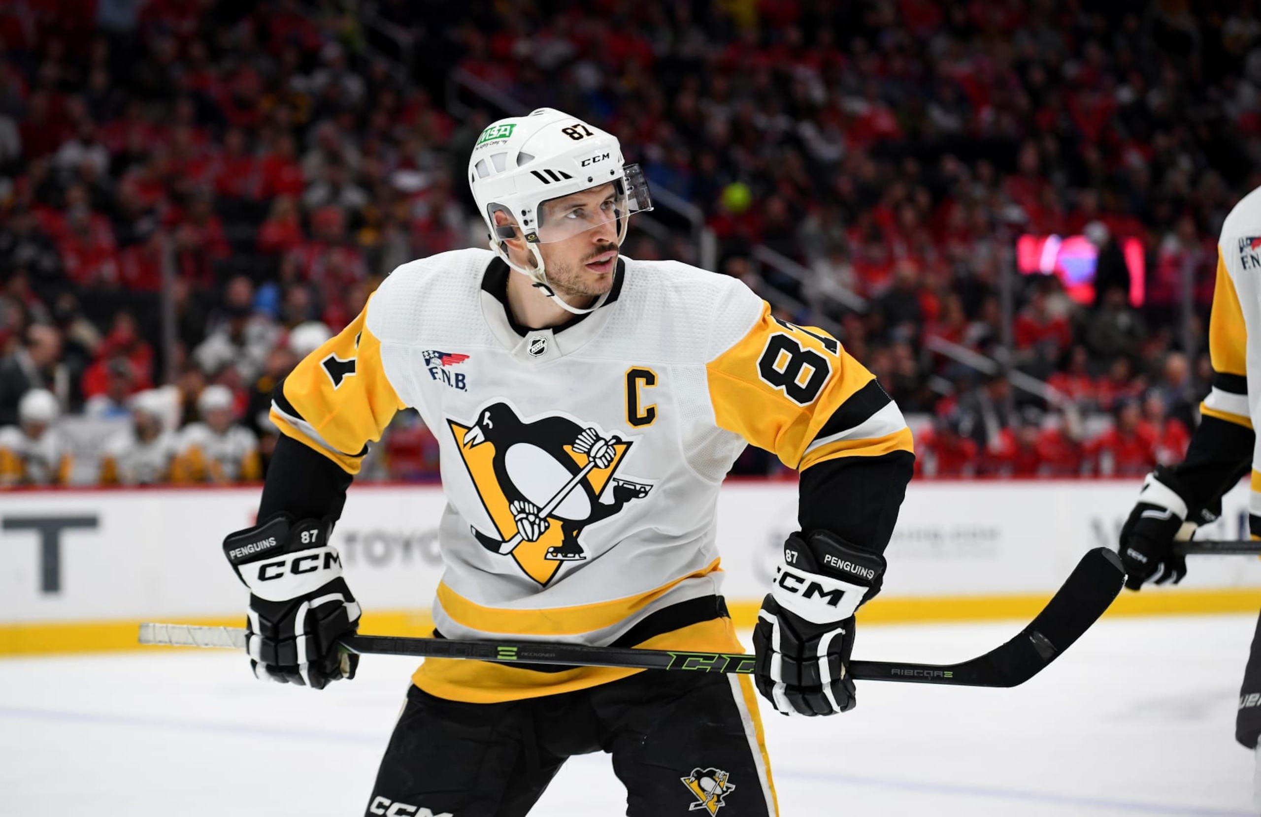 WASHINGTON, DC - APRIL 04: Penguins center Sidney Crosby (87) waits for a face-off during the Pittsburgh Penguins versus Washington Capitals National Hockey League game on April 4, 2024 at Capital One Arena in Washington, D.C.. (Photo by Randy Litzinger/Icon Sportswire via Getty Images)