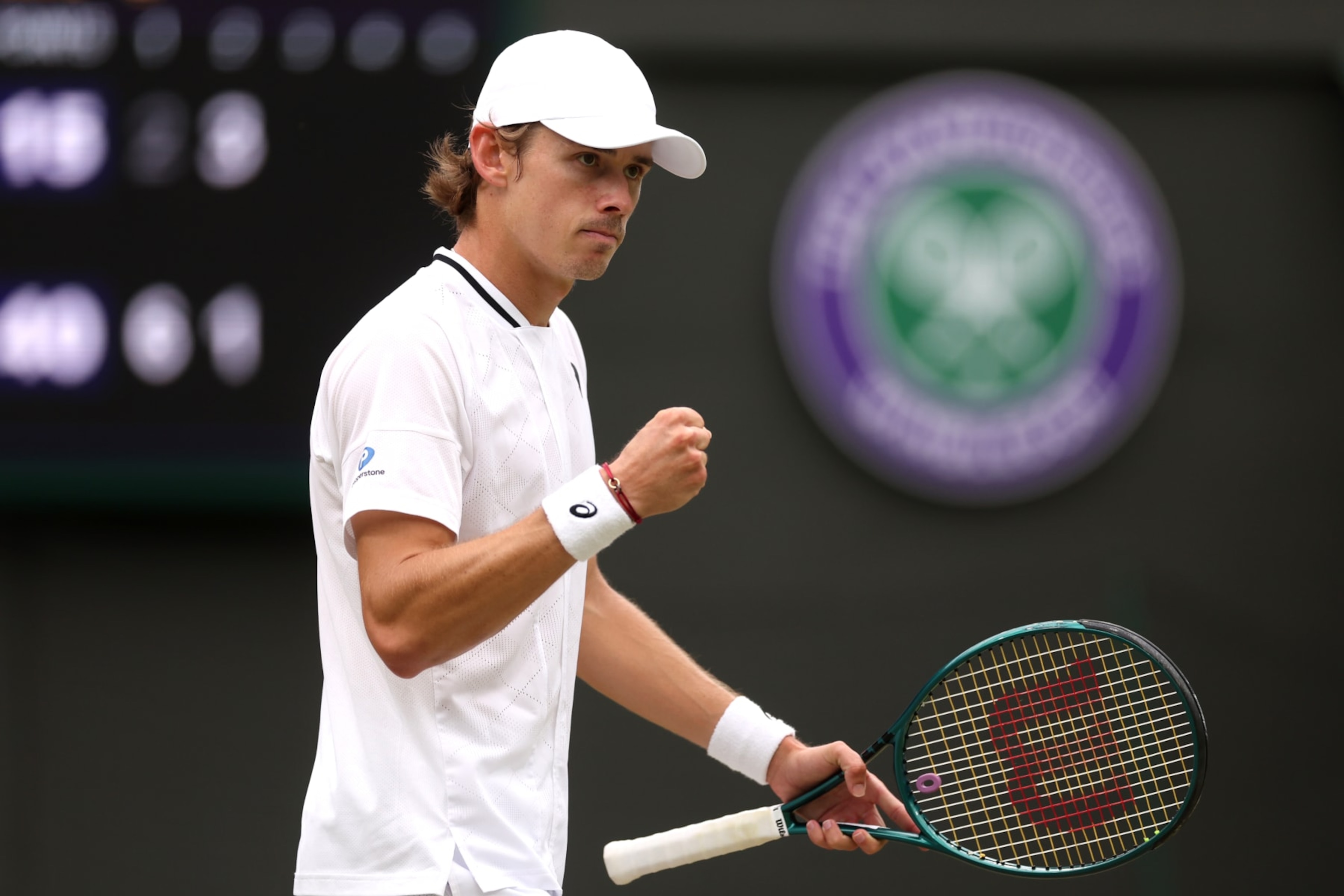 LONDON, ENGLAND - JULY 08: Alex de Minaur of Australia celebrates as he plays against Arthur Fils of France in his Gentlemen's Singles fourth round match during day eight of The Championships Wimbledon 2024 at All England Lawn Tennis and Croquet Club on July 08, 2024 in London, England. (Photo by Sean M. Haffey/Getty Images) LONDON, ENGLAND - JULY 08: Alex de Minaur of Australia celebrates as he plays against Arthur Fils of France in his Gentlemen's Singles fourth round match during day eight of The Championships Wimbledon 2024 at All England Lawn Tennis and Croquet Club on July 08, 2024 in London, England. (Photo by Sean M. Haffey/Getty Images)