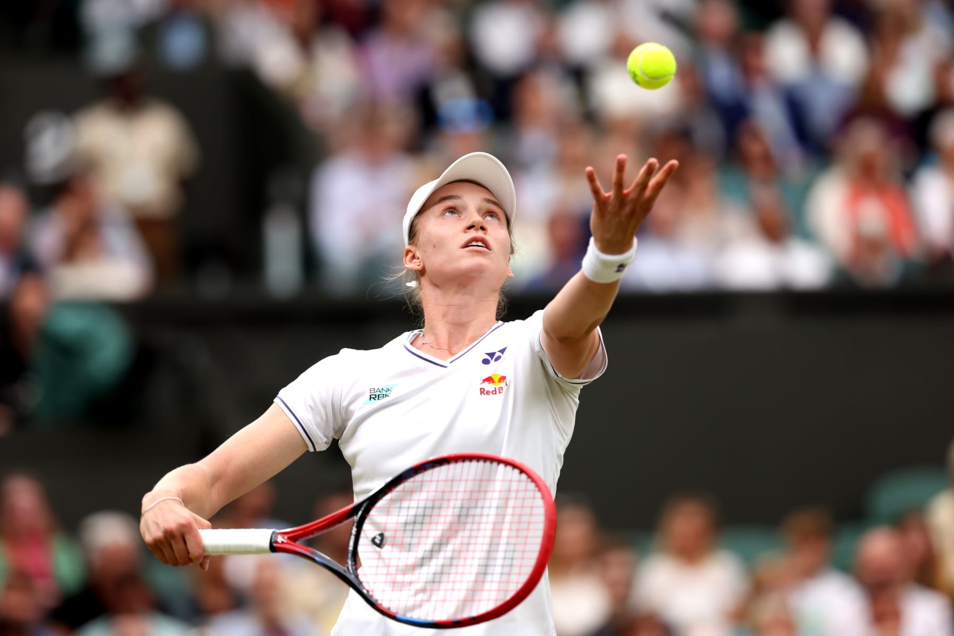 LONDON, ENGLAND - JULY 08: Elena Rybakina of Kazakhstan serves to Anna Kalinskaya in the Ladies' Singles fourth round match during day eight of The Championships Wimbledon 2024 at All England Lawn Tennis and Croquet Club on July 08, 2024 in London, England. (Photo by Julian Finney/Getty Images) LONDON, ENGLAND - JULY 08: Elena Rybakina of Kazakhstan serves to Anna Kalinskaya in the Ladies' Singles fourth round match during day eight of The Championships Wimbledon 2024 at All England Lawn Tennis and Croquet Club on July 08, 2024 in London, England. (Photo by Julian Finney/Getty Images)