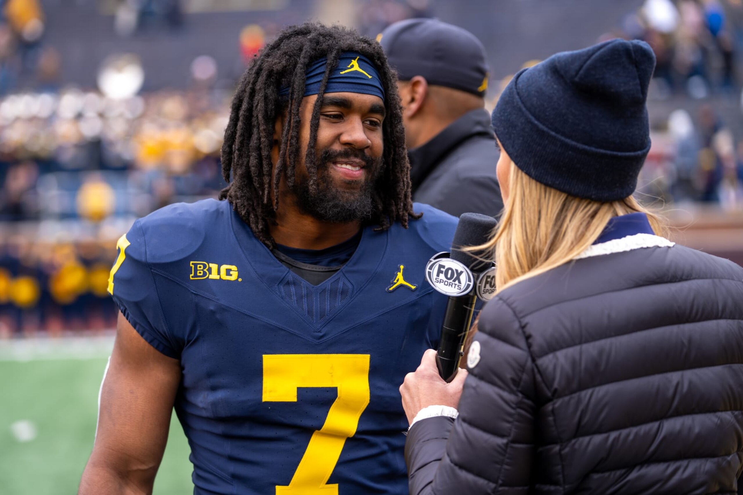 ANN ARBOR, MI - APRIL 20: Donovan Edwards #7 of the Blue Team is interviewed following the Michigan football spring game at Michigan Stadium on April 20, 2024 in Ann Arbor, Michigan. (Photo by Jaime Crawford/Getty Images)