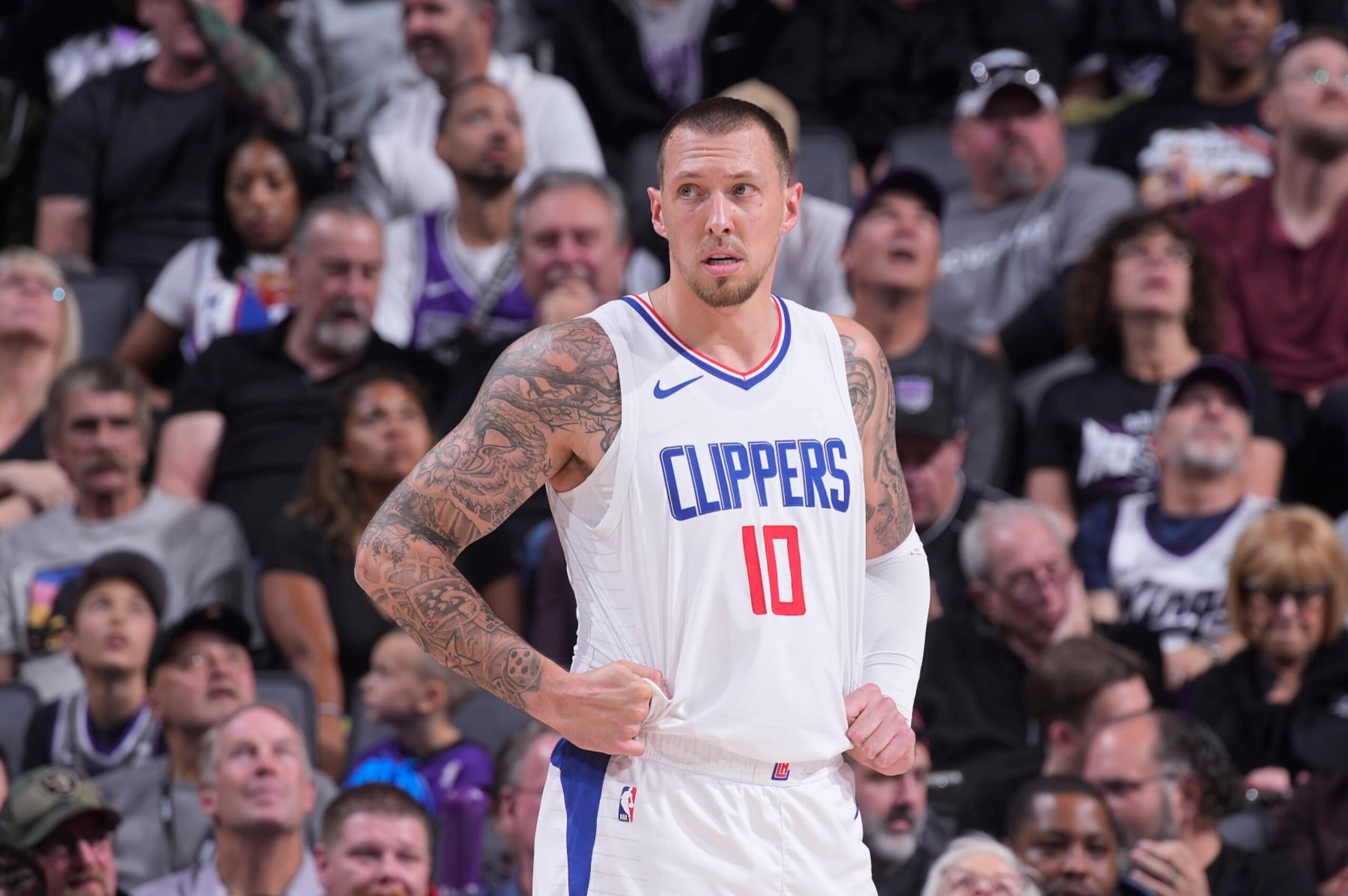 SACRAMENTO, CA - APRIL 2: Daniel Theis #10 of the Los Angeles Clippers looks on during the game against the Sacramento Kings on April 2, 2024 at Golden 1 Center in Sacramento, California. NOTE TO USER: User expressly acknowledges and agrees that, by downloading and or using this photograph, User is consenting to the terms and conditions of the Getty Images Agreement. Mandatory Copyright Notice: Copyright 2024 NBAE (Photo by Rocky Widner/NBAE via Getty Images) SACRAMENTO, CA - APRIL 2: Daniel Theis #10 of the Los Angeles Clippers looks on during the game against the Sacramento Kings on April 2, 2024 at Golden 1 Center in Sacramento, California. NOTE TO USER: User expressly acknowledges and agrees that, by downloading and or using this photograph, User is consenting to the terms and conditions of the Getty Images Agreement. Mandatory Copyright Notice: Copyright 2024 NBAE (Photo by Rocky Widner/NBAE via Getty Images)