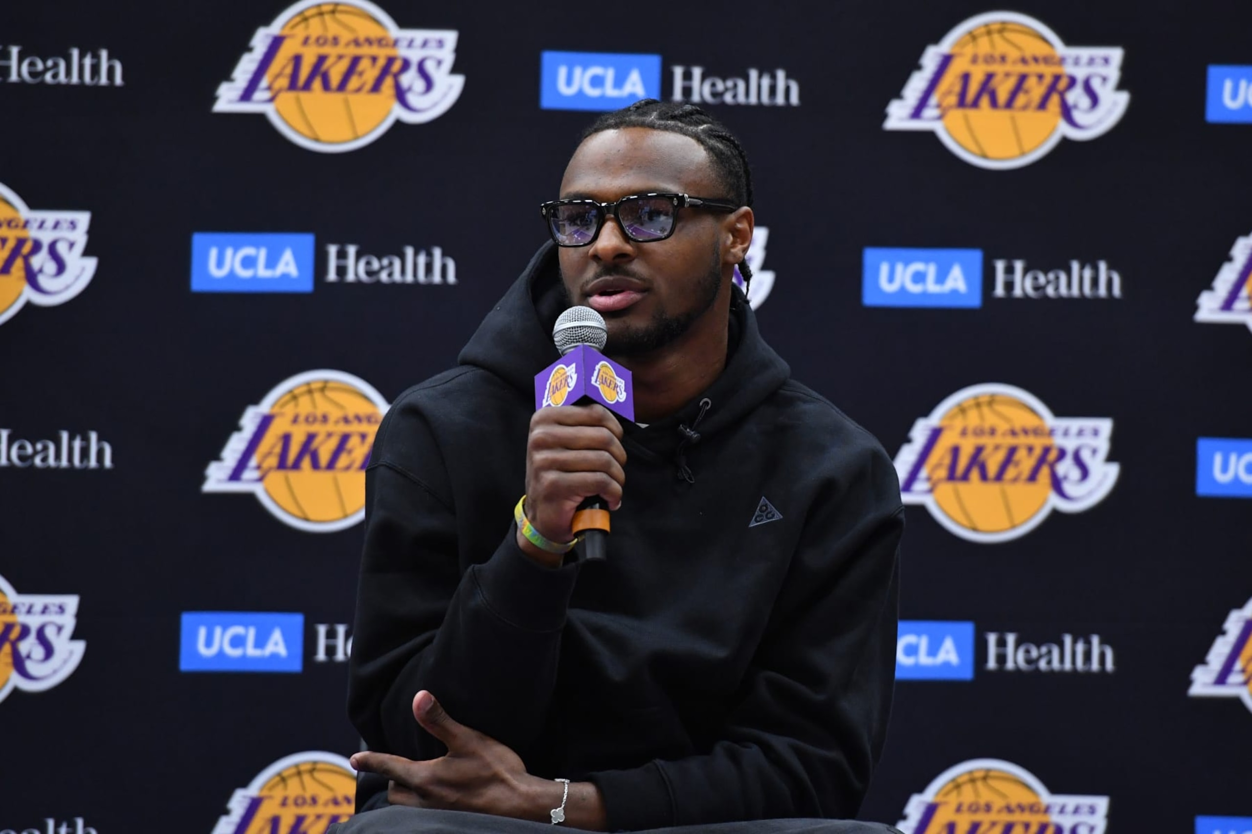 LOS ANGELES, CA - JULY 2: Bronny James of the Los Angeles Lakers speaks during a press conference on July 2, 2024 at UCLA Health Training Center in El Segundo, California. NOTE TO USER: User expressly acknowledges and agrees that, by downloading and/or using this Photograph, user is consenting to the terms and conditions of the Getty Images License Agreement. Mandatory Copyright Notice: Copyright 2024 NBAE (Photo by Juan Ocampo/NBAE via Getty Images)
