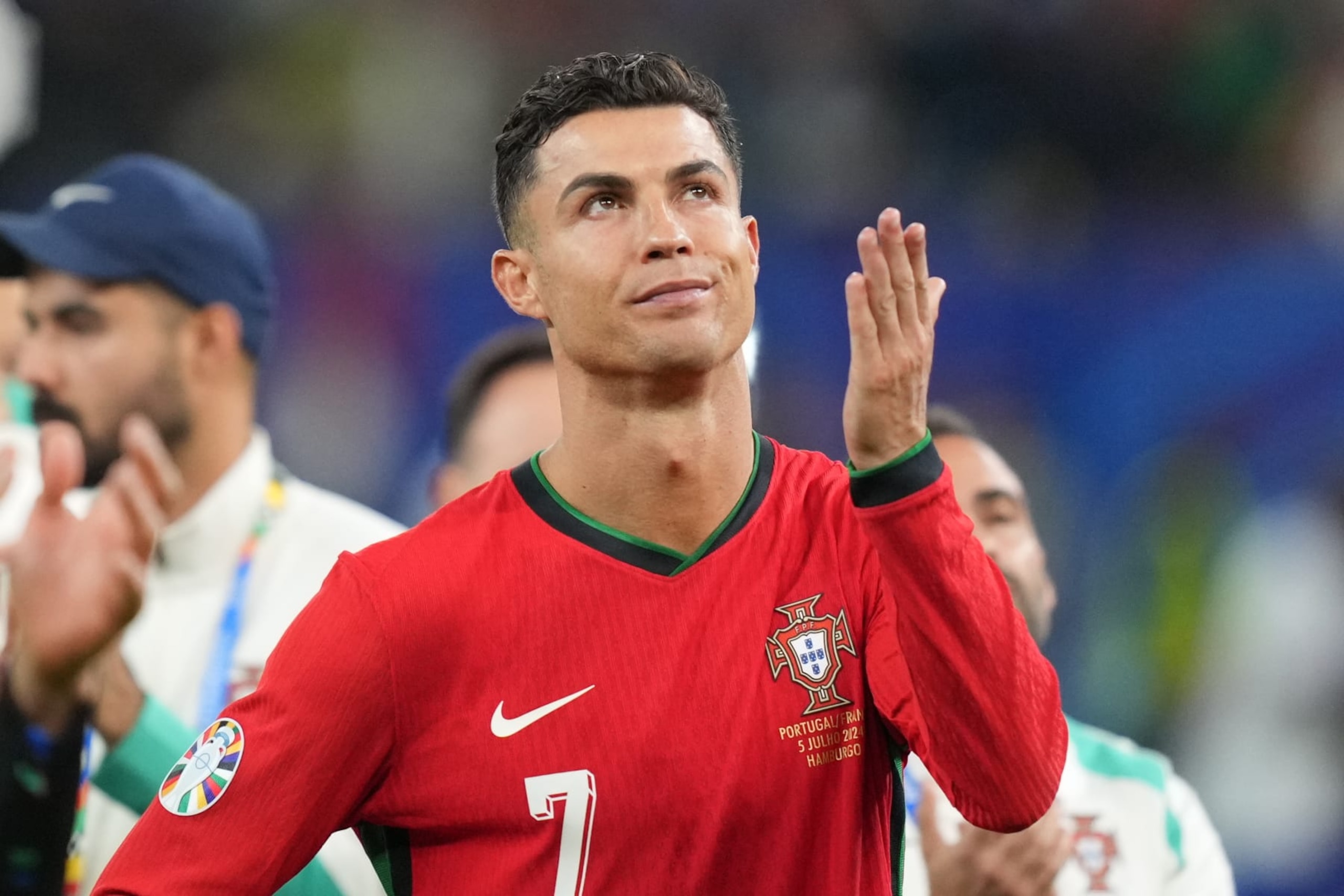 HAMBURG, GERMANY - JULY 5: Cristiano Ronaldo (7) of Portugal gets upset at the end of the EURO match between Portugal v France at the Volksparkstadium on July 5, 2024 in Hamburg Germany. (Photo by Emin Sansar/Anadolu via Getty Images)