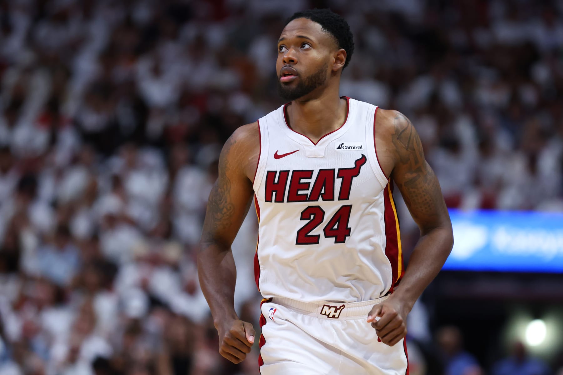 MIAMI, FLORIDA - APRIL 27: Haywood Highsmith #24 of the Miami Heat looks on against the Boston Celtics during the third quarter in game three of the Eastern Conference First Round Playoffs at Kaseya Center on April 27, 2024 in Miami, Florida.  NOTE TO USER: User expressly acknowledges and agrees that, by downloading and or using this photograph, User is consenting to the terms and conditions of the Getty Images License Agreement. (Photo by Megan Briggs/Getty Images)