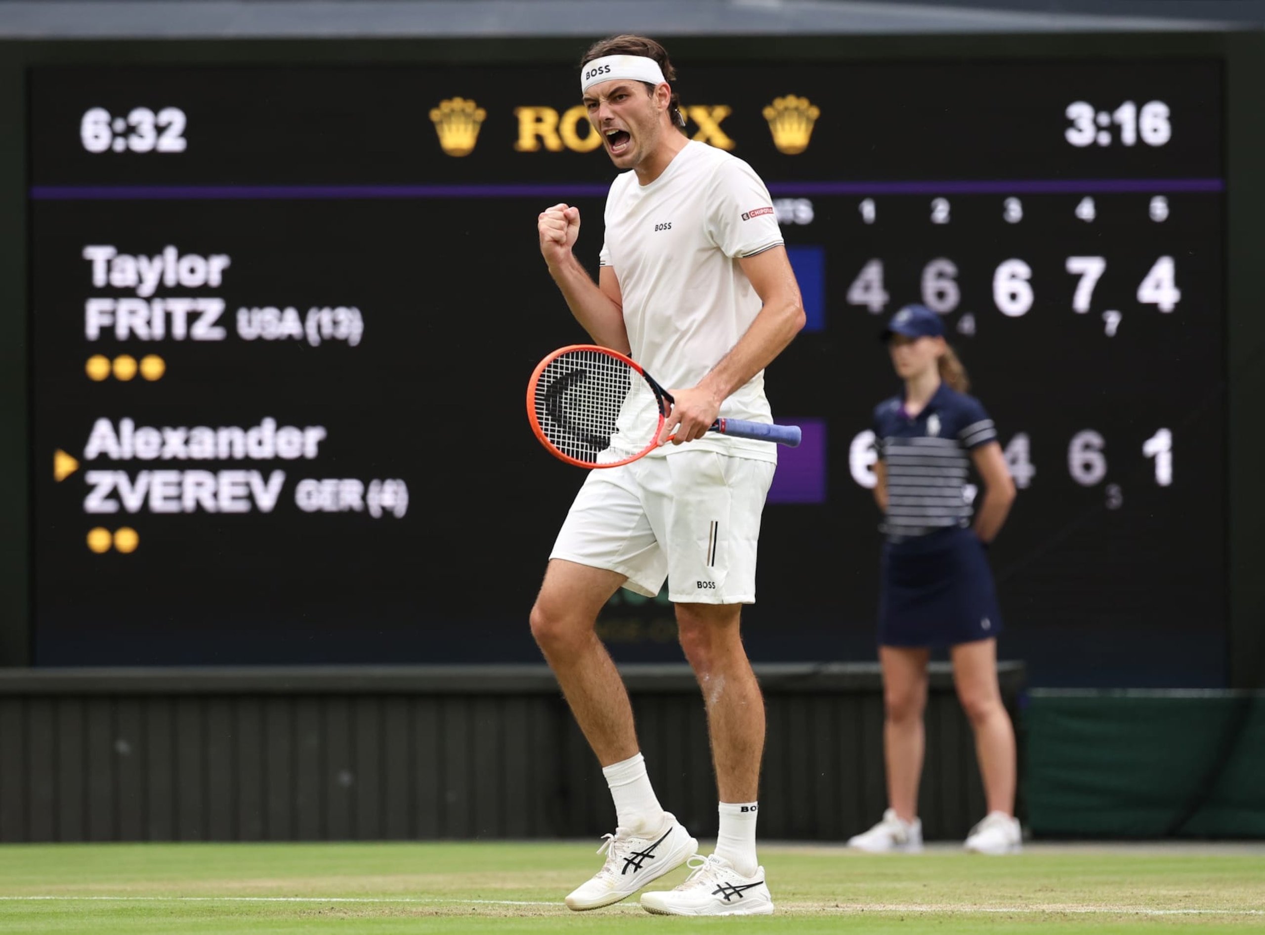 LONDON, ENGLAND - JULY 08: Taylor Fritz of United States celebrates against Alexander Zverev of Germany in the Gentlemen's Singles fourth round match during day eight of The Championships Wimbledon 2024 at All England Lawn Tennis and Croquet Club on July 08, 2024 in London, England. (Photo by Julian Finney/Getty Images)