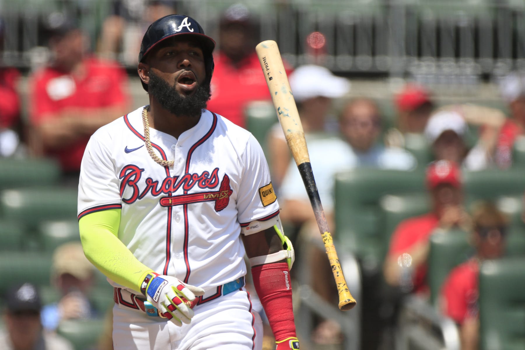 ATLANTA, GA - JULY 07: Atlanta Braves designated hitter Marcell Ozuna #20 reacts after being called out on strikes during the MLB game between the Philadelphia Phillies and the Atlanta Braves on July 07, 2024 at TRUIST Park in Atlanta, GA. (Photo by Jeff Robinson/Icon Sportswire via Getty Images)