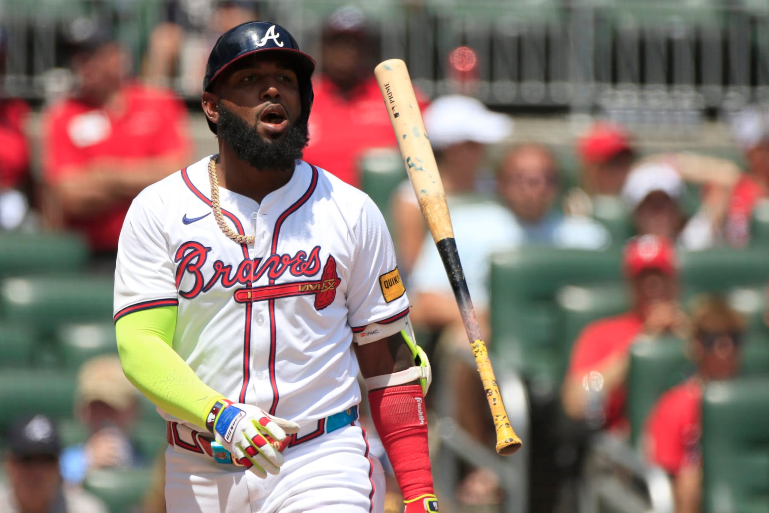 ATLANTA, GA - JULY 07: Atlanta Braves designated hitter Marcell Ozuna #20 reacts after being called out on strikes during the MLB game between the Philadelphia Phillies and the Atlanta Braves on July 07, 2024 at TRUIST Park in Atlanta, GA. (Photo by Jeff Robinson/Icon Sportswire via Getty Images)