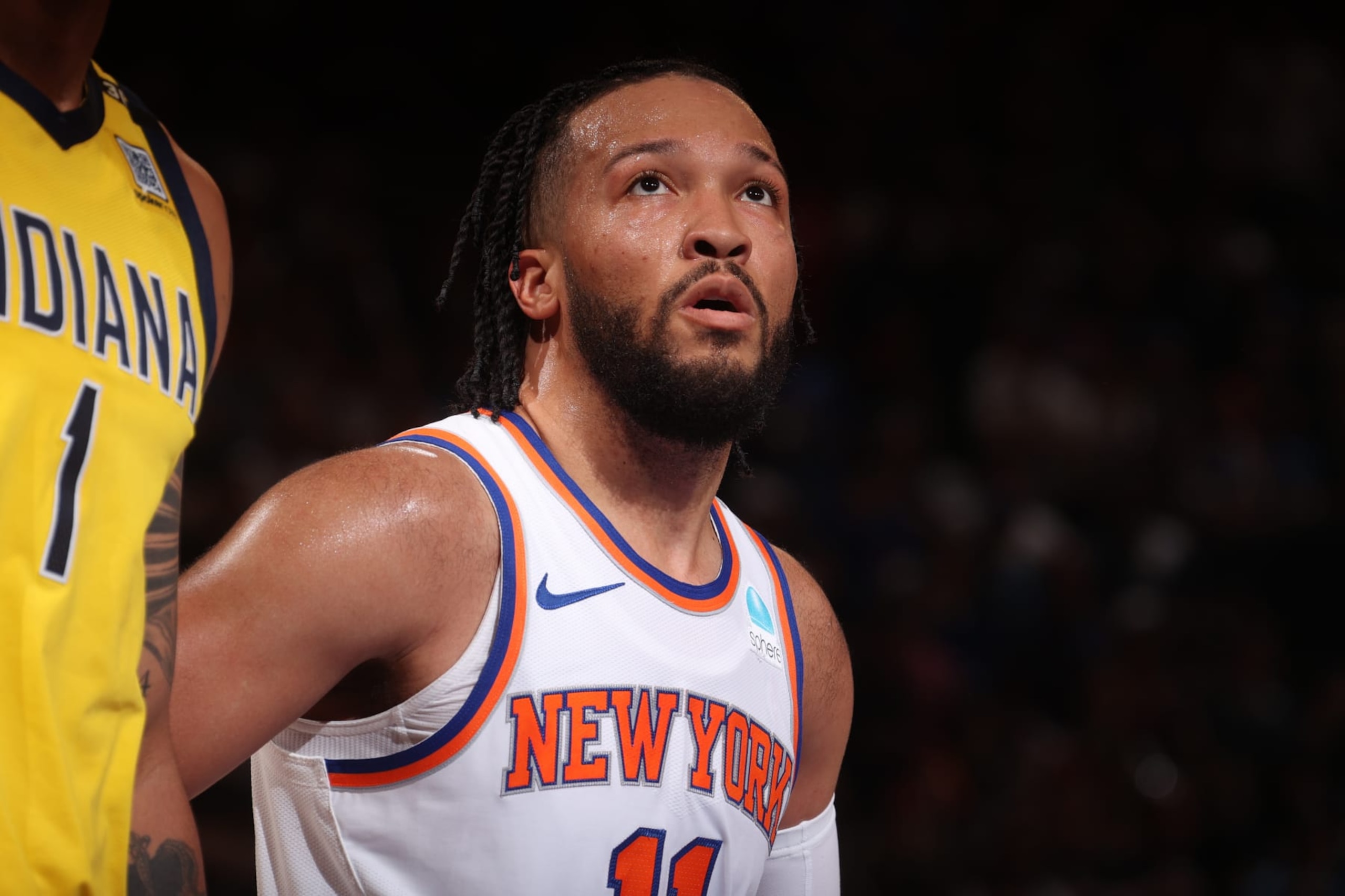 NEW YORK, NY - MAY 19: Jalen Brunson #11 of the New York Knicks looks on during the game against the Indiana Pacers during Round 2 Game 7 of the 2024 NBA Playoffs on May 19, 2024 at Madison Square Garden in New York City, New York.  NOTE TO USER: User expressly acknowledges and agrees that, by downloading and or using this photograph, User is consenting to the terms and conditions of the Getty Images License Agreement. Mandatory Copyright Notice: Copyright 2024 NBAE  (Photo by Nathaniel S. Butler/NBAE via Getty Images)