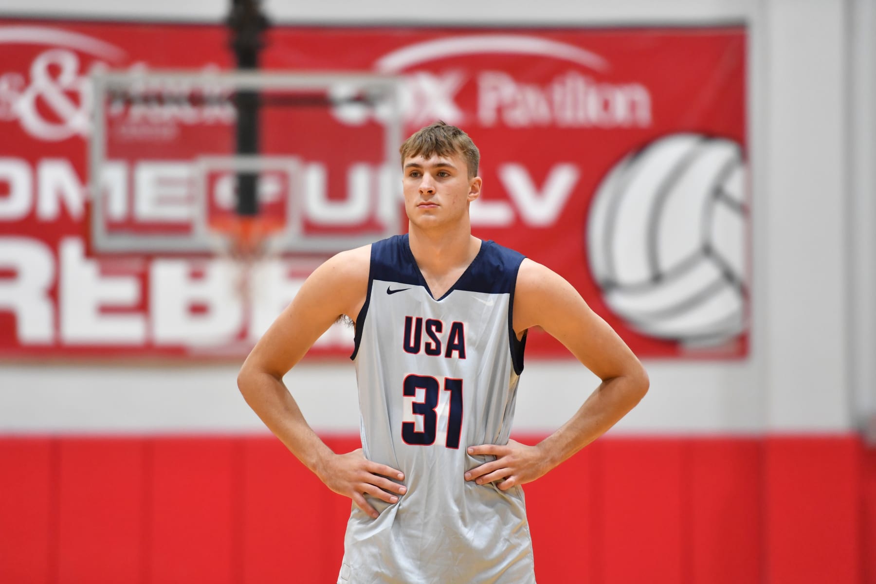 LAS VEGAS, NV - JULY 7: Cooper Flagg #31 of the USA Basketball Men's Team looks on during USAB Men's Training Camp in Las Vegas on July 7, 2024 in Las Vegas Nevada. NOTE TO USER: User expressly acknowledges and agrees that, by downloading and/or using this Photograph, user is consenting to the terms and conditions of the Getty Images License Agreement. Mandatory Copyright Notice: Copyright 2024 NBAE (Photo by Juan Ocampo/NBAE via Getty Images)