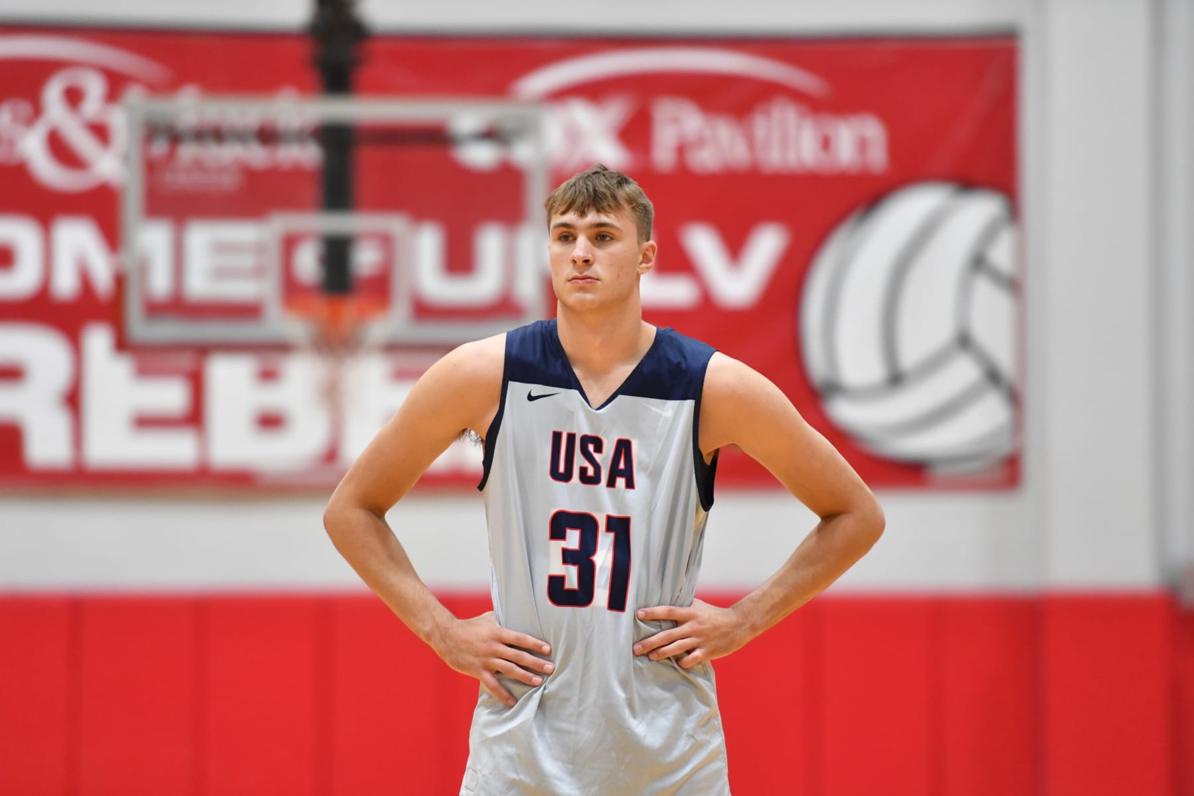 LAS VEGAS, NV - JULY 7: Cooper Flagg #31 of the USA Basketball Men's Team looks on during USAB Men's Training Camp in Las Vegas on July 7, 2024 in Las Vegas Nevada. NOTE TO USER: User expressly acknowledges and agrees that, by downloading and/or using this Photograph, user is consenting to the terms and conditions of the Getty Images License Agreement. Mandatory Copyright Notice: Copyright 2024 NBAE (Photo by Juan Ocampo/NBAE via Getty Images)