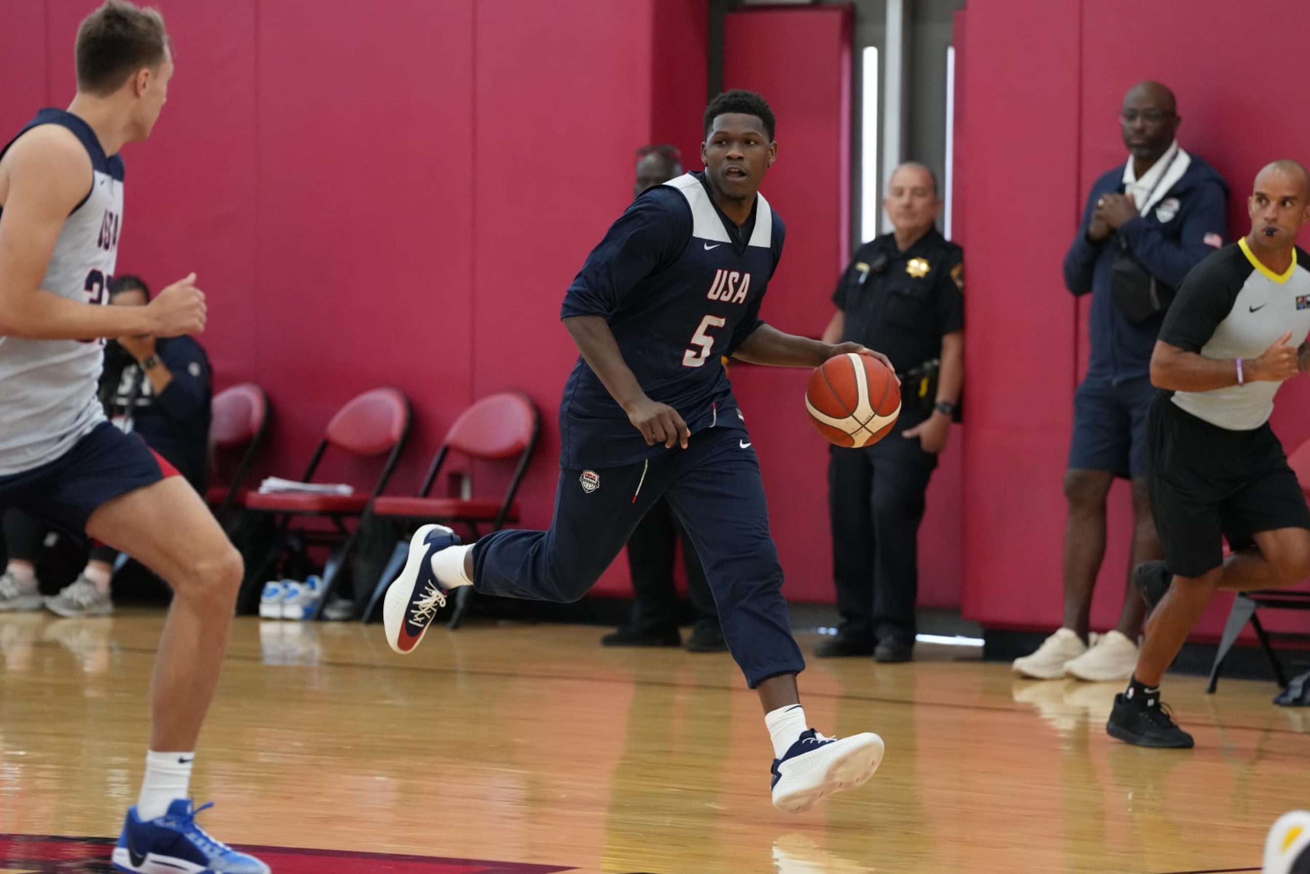 LAS VEGAS, NV - JULY 7: Anthony Edwards #5 of the USA Basketball Men's Team dribbles the ball during USAB Men's Training Camp in Las Vegas on July 7, 2024 in Las Vegas Nevada. NOTE TO USER: User expressly acknowledges and agrees that, by downloading and/or using this Photograph, user is consenting to the terms and conditions of the Getty Images License Agreement. Mandatory Copyright Notice: Copyright 2024 NBAE (Photo by Joe Amati/NBAE via Getty Images)