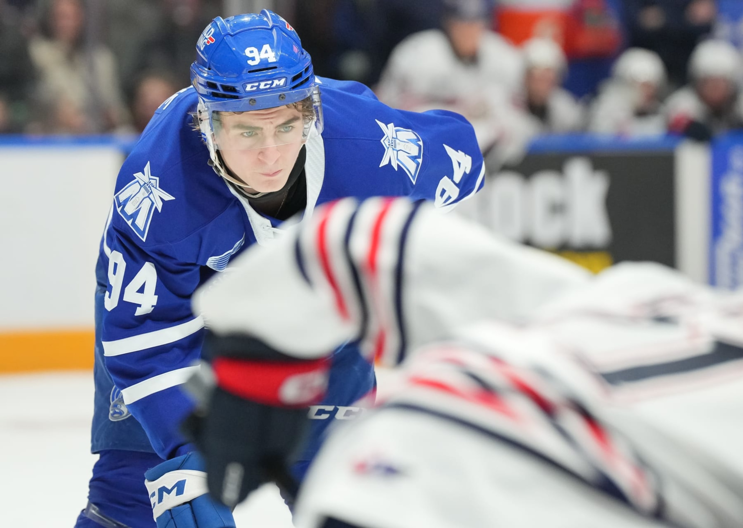 OSHAWA, CANADA - DECEMBER 13: Porter Martone #94 of the Mississauga Steelheads skates against the Oshawa Generals at Tribute Communities Centre on December 13, 2023 in Oshawa, Ontario, Canada. (Photo by Chris Tanouye/Getty Images)