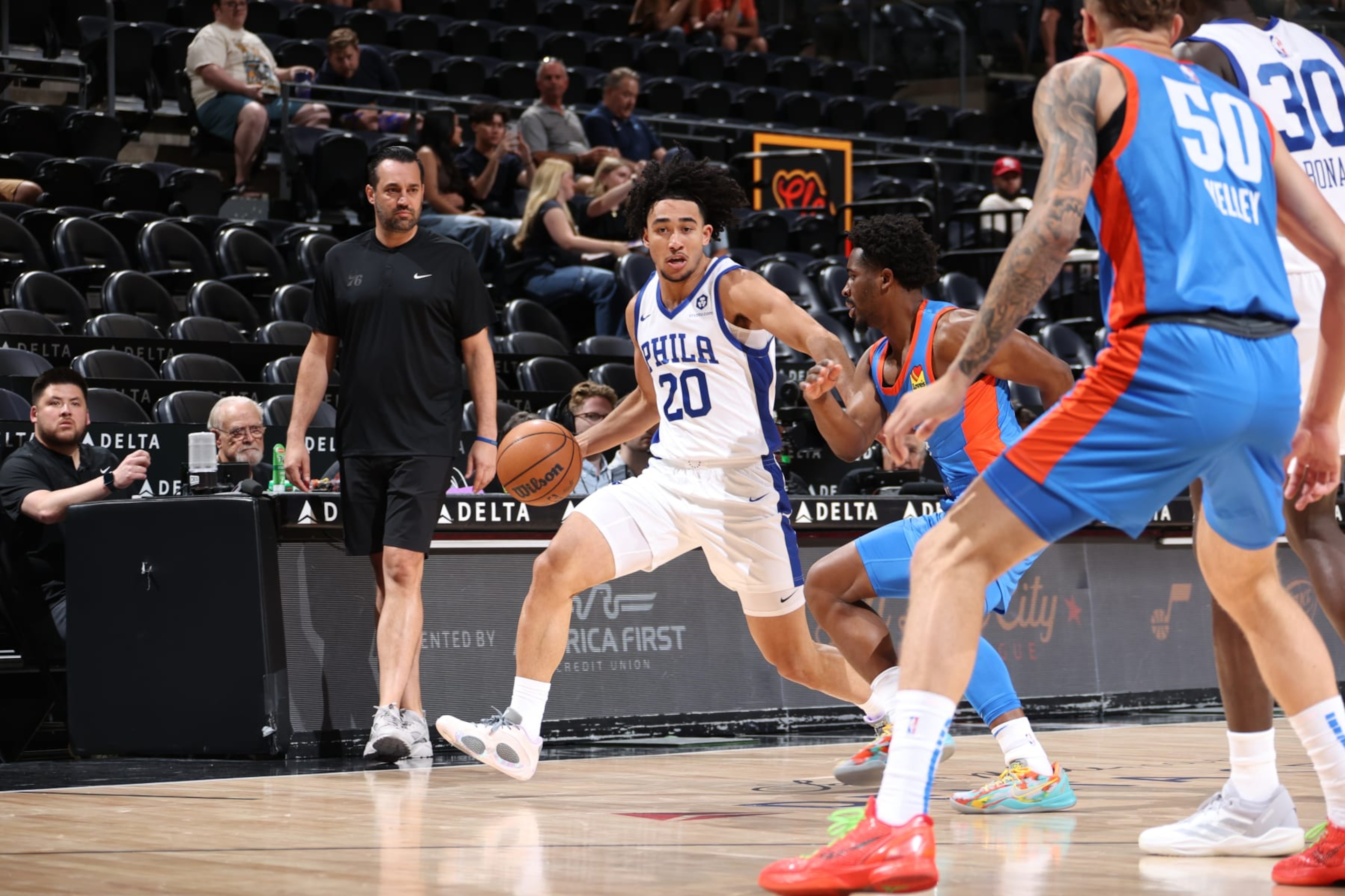 SALT LAKE CITY, UT - July 8: Jared McCain #20 of the Philadelphia 76ers dribbles the ball during the game against the Oklahoma City Thunder during the 2024 NBA Salt Lake City Summer League on July 8, 2024 at Delta Center in Salt Lake City, Utah. NOTE TO USER: User expressly acknowledges and agrees that, by downloading and or using this Photograph, User is consenting to the terms and conditions of the Getty Images License Agreement. Mandatory Copyright Notice: Copyright 2024 NBAE (Photo by Melissa Majchrzak/NBAE via Getty Images) SALT LAKE CITY, UT - July 8: Jared McCain #20 of the Philadelphia 76ers dribbles the ball during the game against the Oklahoma City Thunder during the 2024 NBA Salt Lake City Summer League on July 8, 2024 at Delta Center in Salt Lake City, Utah. NOTE TO USER: User expressly acknowledges and agrees that, by downloading and or using this Photograph, User is consenting to the terms and conditions of the Getty Images License Agreement. Mandatory Copyright Notice: Copyright 2024 NBAE (Photo by Melissa Majchrzak/NBAE via Getty Images)
