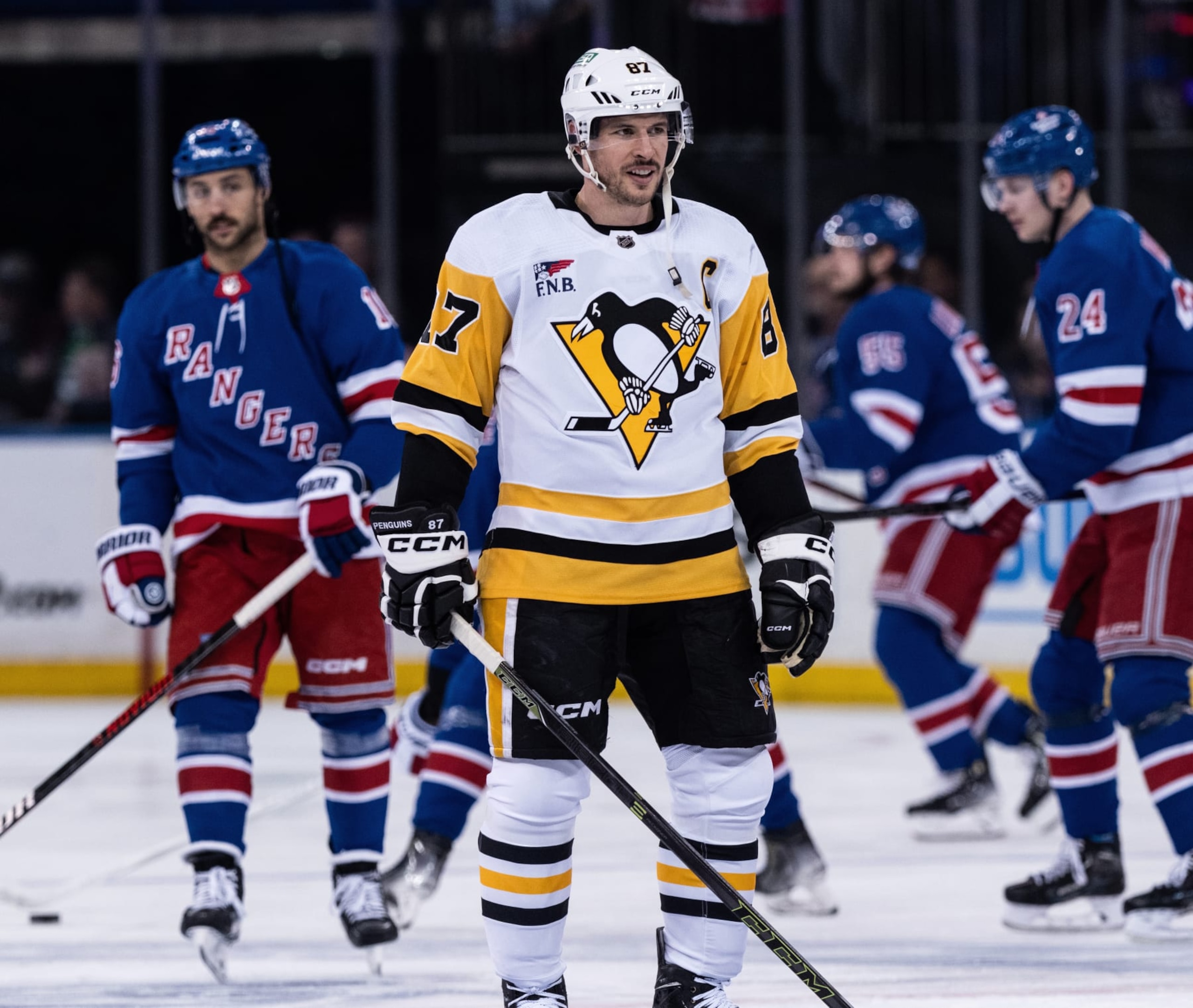 NEW YORK, NEW YORK - APRIL 01: Sidney Crosby #87 of the Pittsburgh Penguins skates during warmups prior to the game against the New York Rangers at Madison Square Garden on April 01, 2024 in New York City. (Photo by Michael Mooney/NHLI via Getty Images)