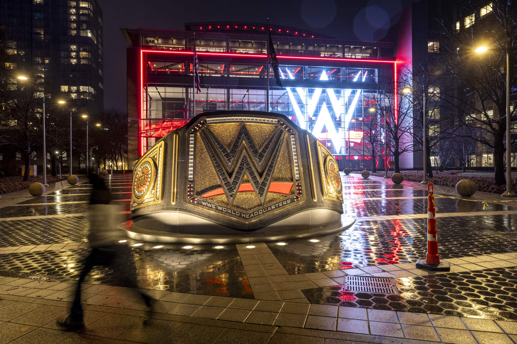 STAMFORD, CONNECTICUT - JANUARY 28: A WWE logo shines from the WWE wrestling world headquarters on January 28, 2024 in Stamford, Connecticut. WWE founder Vince McMahon resigned from the WWE and its parent company TKO as executive chairman and board of directors following allegations of sexual assault in a Connecticut lawsuit. A former employee Janel Grant accused McMahon, 78, of sexual assault and sexually trafficking her. (Photo by John Moore/Getty Images)