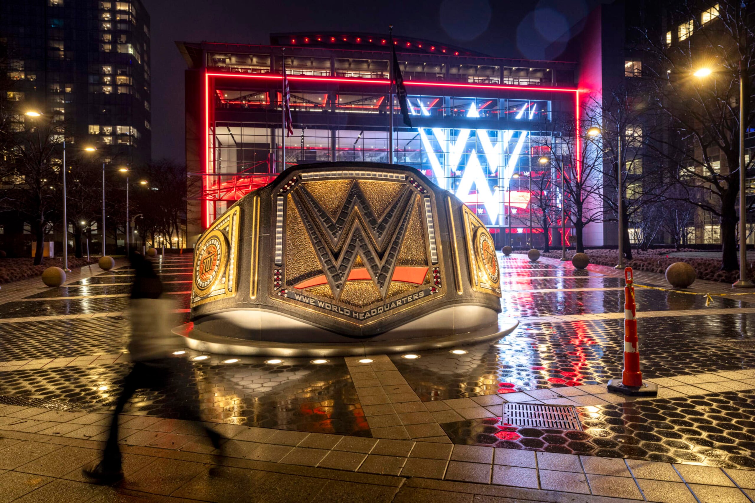 STAMFORD, CONNECTICUT - JANUARY 28: A WWE logo shines from the WWE wrestling world headquarters on January 28, 2024 in Stamford, Connecticut. WWE founder Vince McMahon resigned from the WWE and its parent company TKO as executive chairman and board of directors following allegations of sexual assault in a Connecticut lawsuit. A former employee Janel Grant accused McMahon, 78, of sexual assault and sexually trafficking her. (Photo by John Moore/Getty Images) STAMFORD, CONNECTICUT - JANUARY 28: A WWE logo shines from the WWE wrestling world headquarters on January 28, 2024 in Stamford, Connecticut. WWE founder Vince McMahon resigned from the WWE and its parent company TKO as executive chairman and board of directors following allegations of sexual assault in a Connecticut lawsuit. A former employee Janel Grant accused McMahon, 78, of sexual assault and sexually trafficking her. (Photo by John Moore/Getty Images)