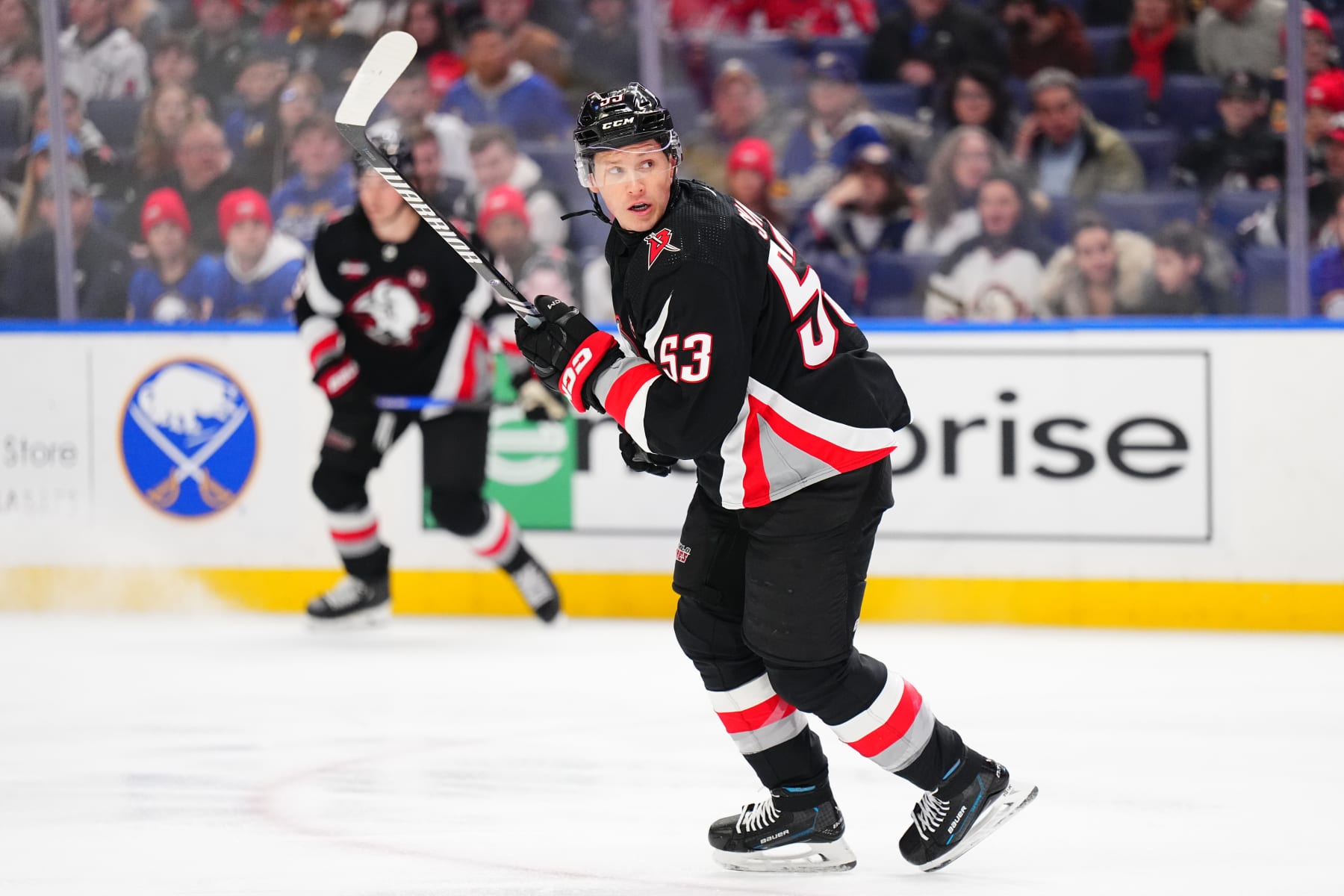 BUFFALO, NEW YORK - APRIL 2: Jeff Skinner #53 of the Buffalo Sabres skates during the first period against the Washington Capitals during an NHL game on April 2, 2024 at KeyBank Center in Buffalo, New York. (Photo by Ben Ludeman/NHLI via Getty Images)