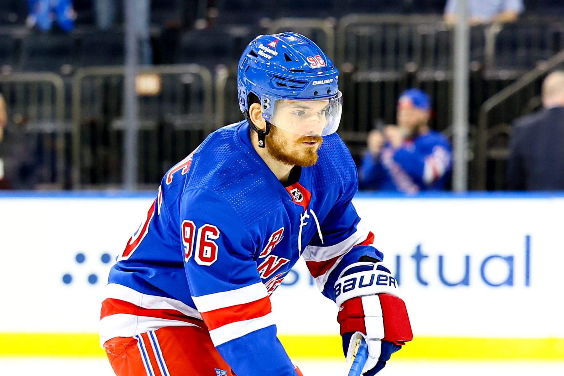 NEW YORK, NY - MAY 30:  Jack Roslovic #96 of the New York Rangers skates prior to the National Hockey League Eastern Conference Final game 5 against the Florida Panthers on May 30, 2024 at Madison Square Garden in New York.  (Photo by Rich Graessle/Icon Sportswire via Getty Images)