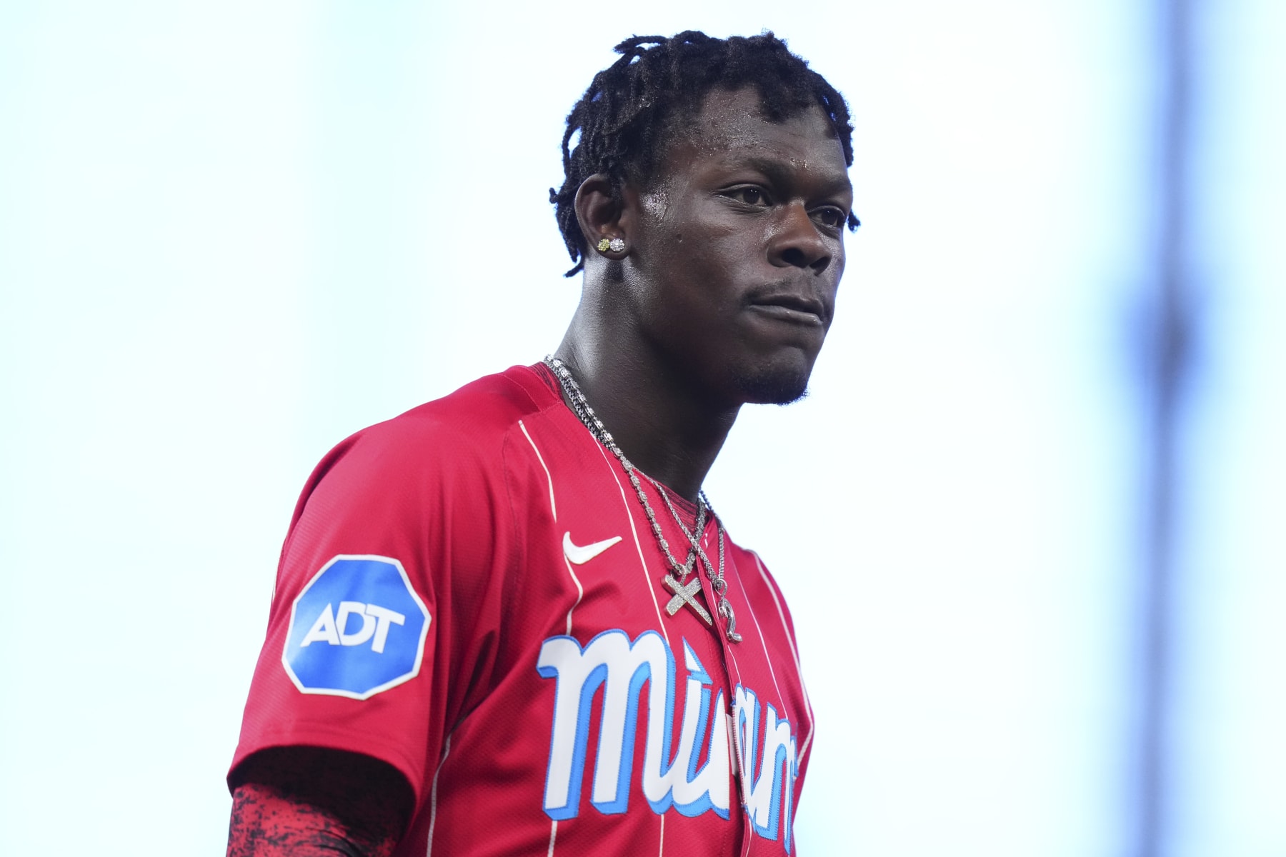 MIAMI, FLORIDA - JULY 06: Jazz Chisholm Jr. #2 of the Miami Marlins looks on  during a game against the Chicago White Sox at loanDepot park on July 06, 2024 in Miami, Florida. (Photo by Rich Storry/Getty Images)