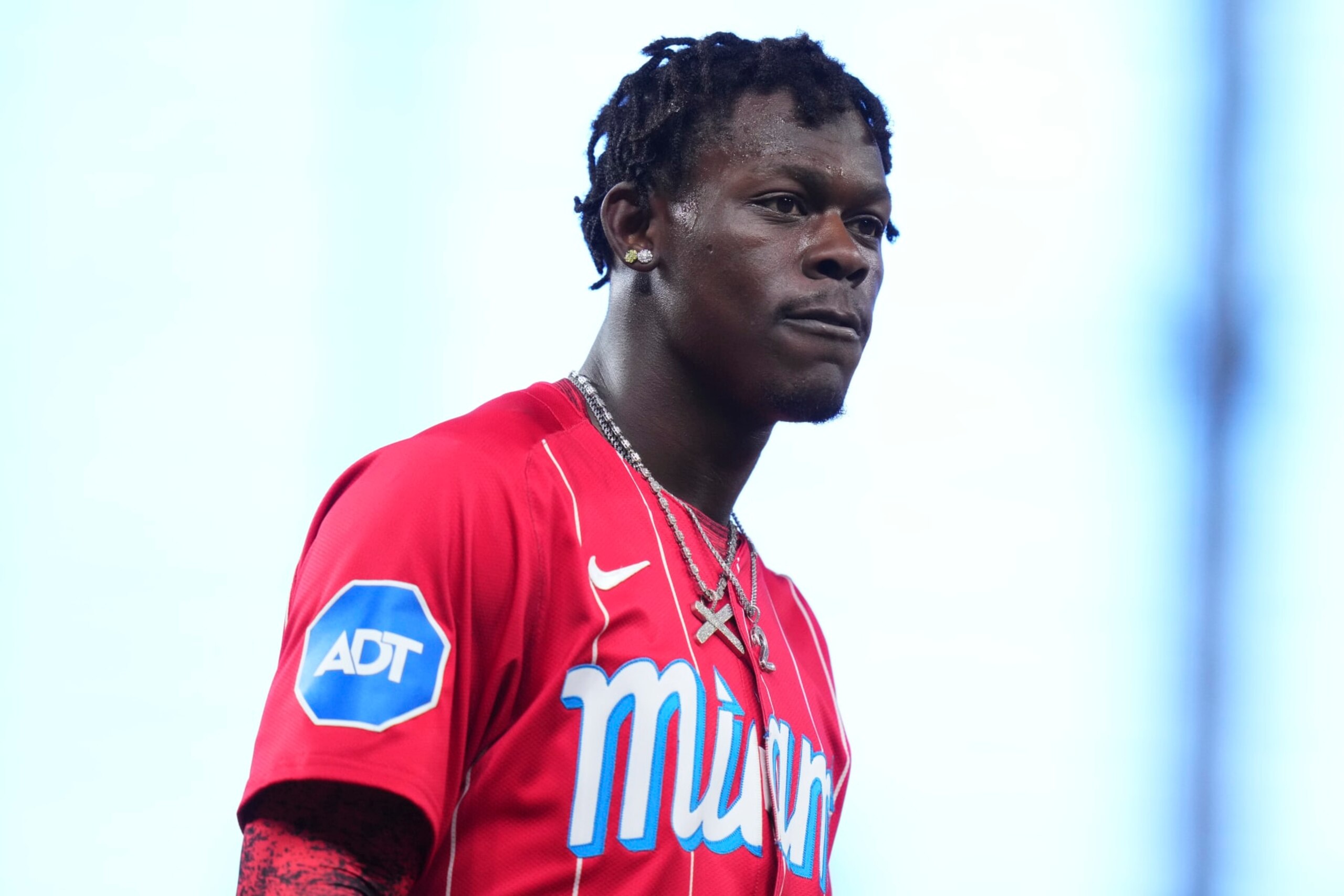 MIAMI, FLORIDA - JULY 06: Jazz Chisholm Jr. #2 of the Miami Marlins looks on  during a game against the Chicago White Sox at loanDepot park on July 06, 2024 in Miami, Florida. (Photo by Rich Storry/Getty Images)