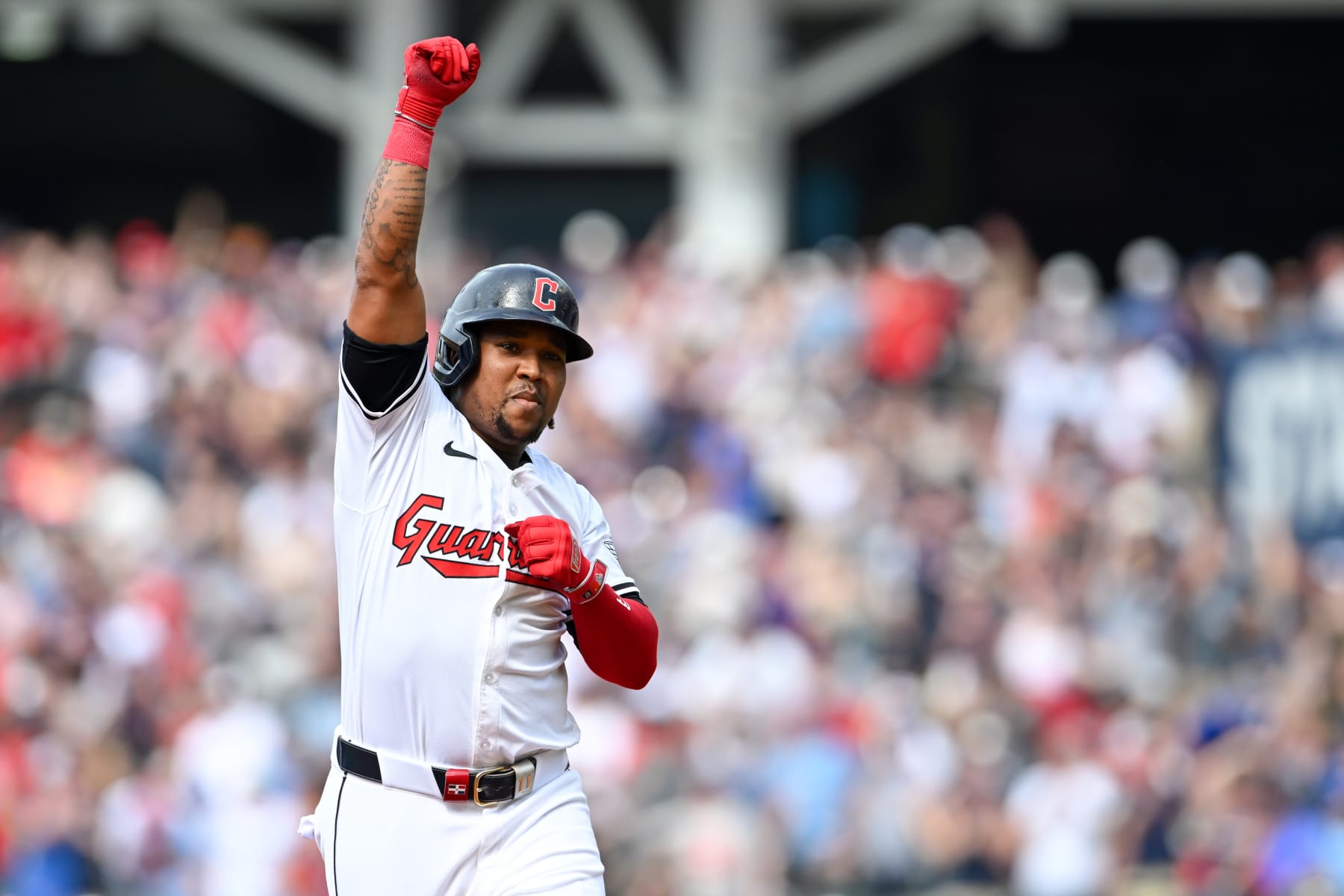 CLEVELAND, OHIO - JUNE 22: José Ramírez #11 of the Cleveland Guardians celebrates hitting a two-run home run during the third inning against the Toronto Blue Jays at Progressive Field on June 22, 2024 in Cleveland, Ohio. (Photo by Nick Cammett/Getty Images)