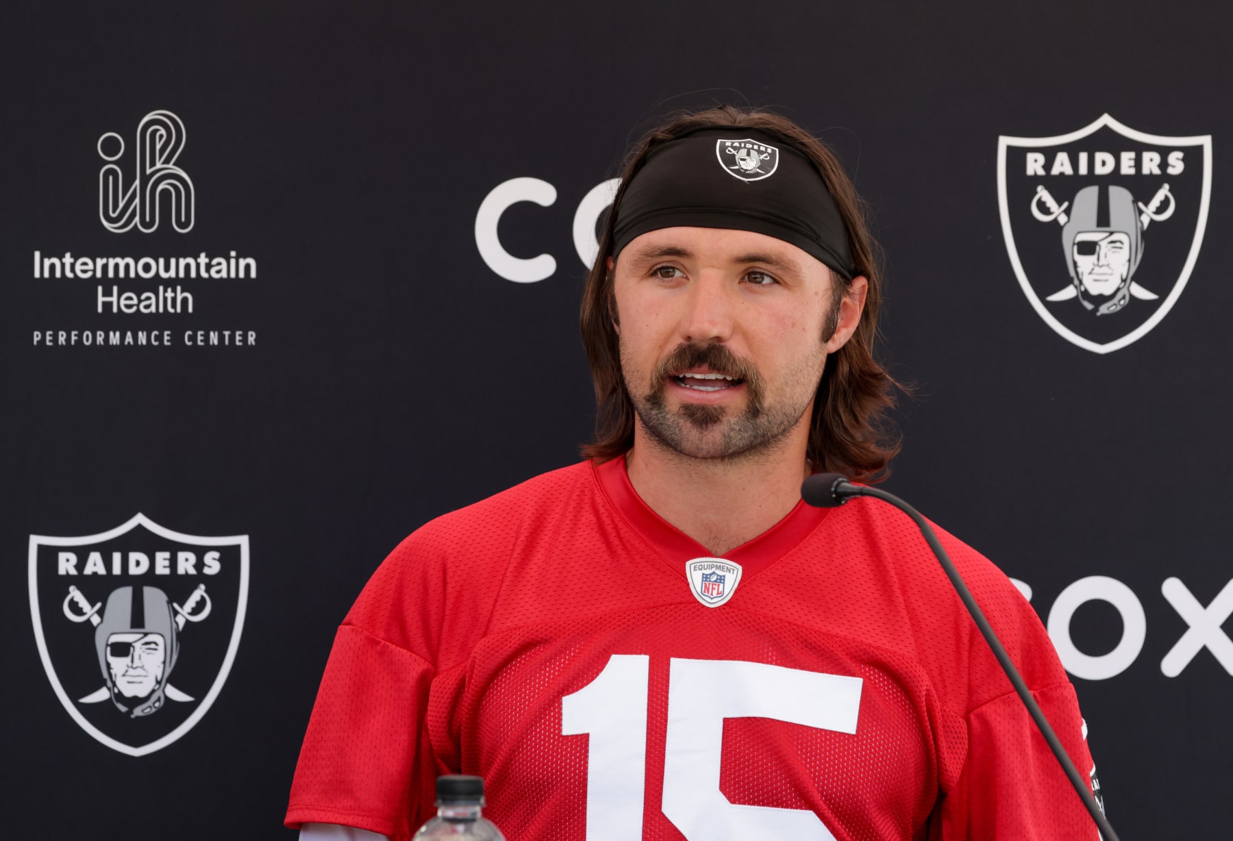 HENDERSON, NEVADA - JUNE 04: Quarterback Gardner Minshew #15 of the Las Vegas Raiders attends a news conference after an OTA offseason workout at the Las Vegas Raiders Headquarters/Intermountain Healthcare Performance Center on June 04, 2024 in Henderson, Nevada. (Photo by Ethan Miller/Getty Images)