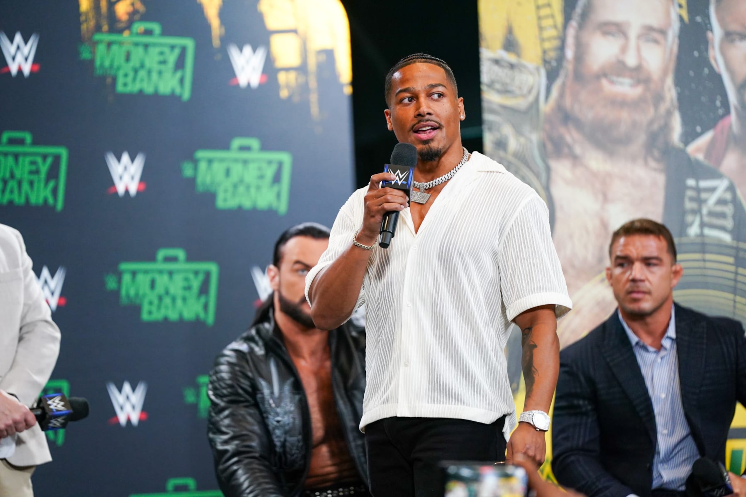 TORONTO, CANADA - JULY 5: Carmelo Hayes talks to the WWE Universe during the WWE Money in the Bank Kickoff show at Scotiabank Arena on July 5, 2024 in Toronto, Canada. (Photo by WWE/Getty Images) TORONTO, CANADA - JULY 5: Carmelo Hayes talks to the WWE Universe during the WWE Money in the Bank Kickoff show at Scotiabank Arena on July 5, 2024 in Toronto, Canada. (Photo by WWE/Getty Images)
