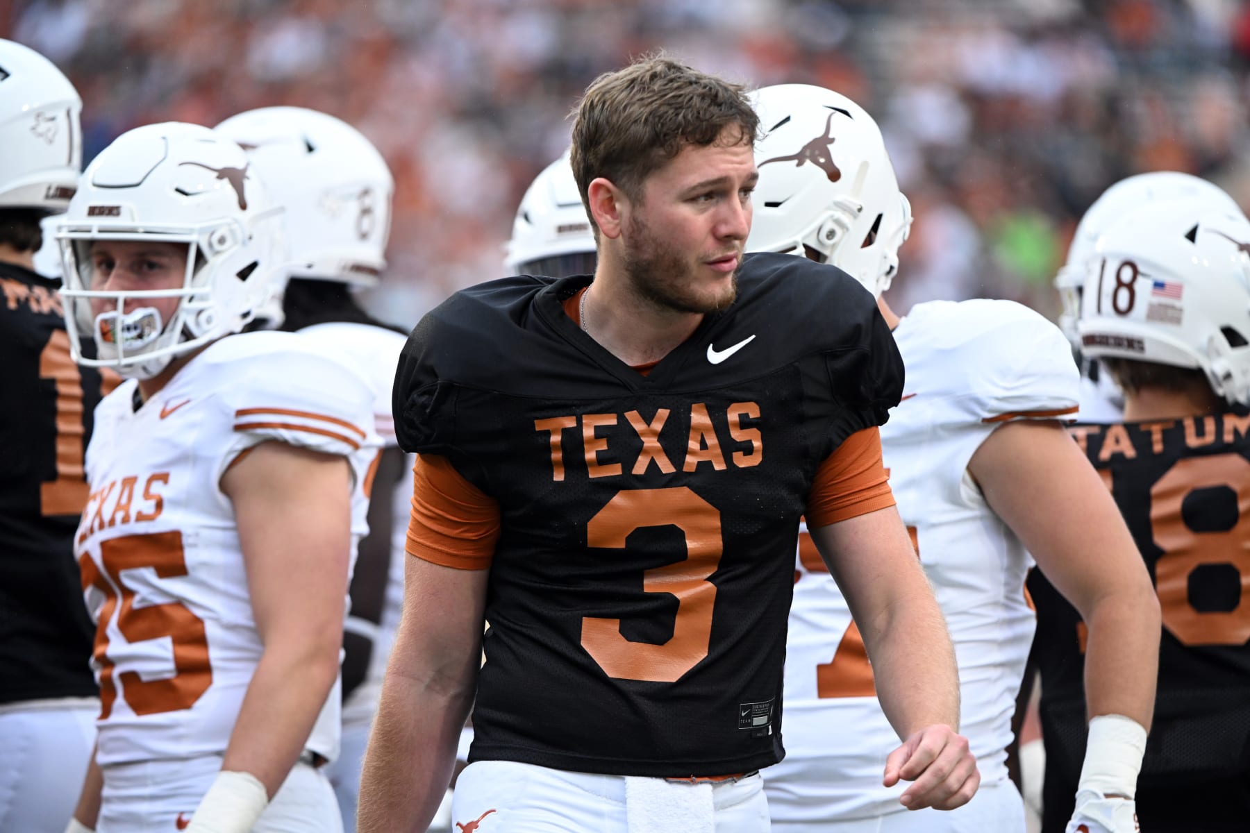 AUSTIN, TX - APRIL 20: Texas Longhorns QB Quinn Ewers watches action from the sidelines during the Orange-White spring football game on April 20, 2024, at Darrell K Royal-Texas Memorial Stadium in Austin, TX. (Photo by John Rivera/Icon Sportswire via Getty Images)