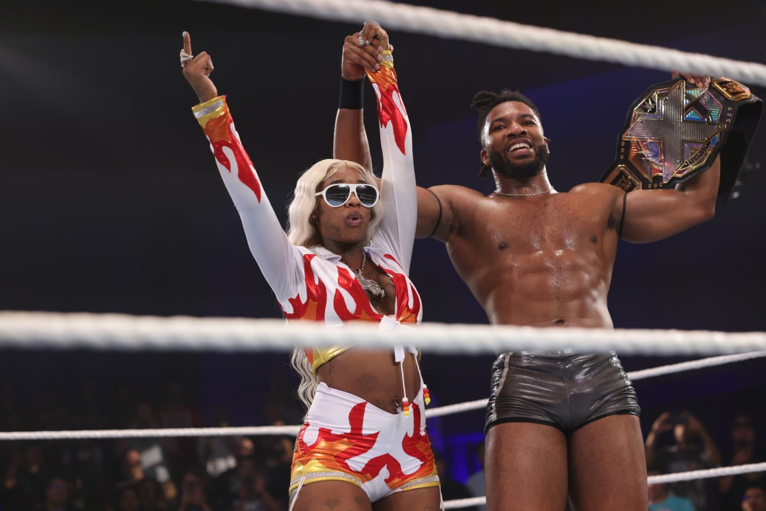 LAS VEGAS, NEVADA - JUNE 9: Sexyy Red celebrates with Trick Williams during NXT Battleground at UFC APEX on June 9, 2024 in Las Vegas, Nevada. (Photo by WWE/Getty Images) LAS VEGAS, NEVADA - JUNE 9: Sexyy Red celebrates with Trick Williams during NXT Battleground at UFC APEX on June 9, 2024 in Las Vegas, Nevada. (Photo by WWE/Getty Images)