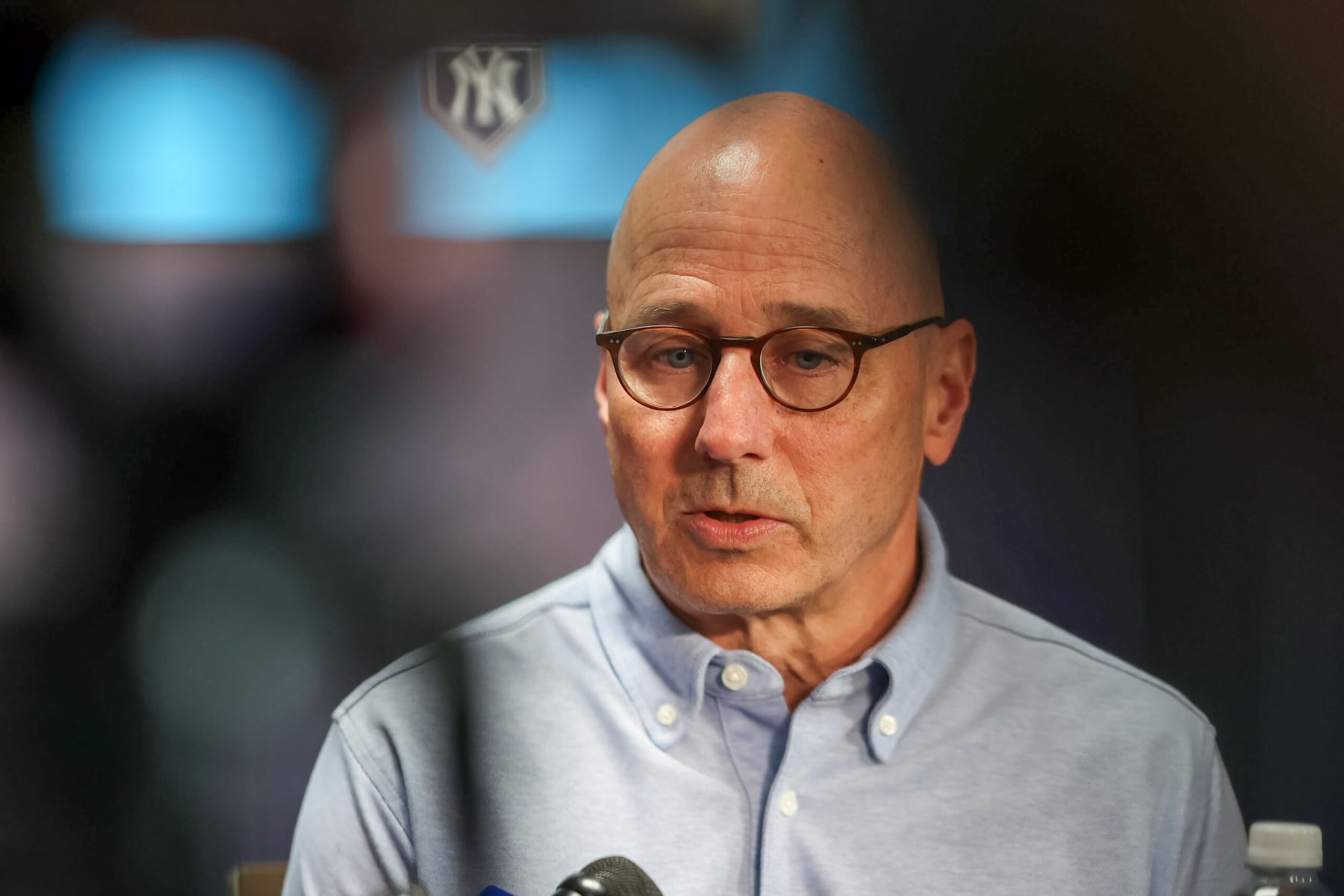 TAMPA, FL - FEBRUARY 15: Senior vice president and general manager Brian Cashman of the New York Yankees speaks during the 2024 Grapefruit League Spring Training Media Day at George M. Steinbrenner Field on Thursday, February 15, 2024 in Tampa, Florida. (Photo by Mike Carlson/MLB Photos via Getty Images)