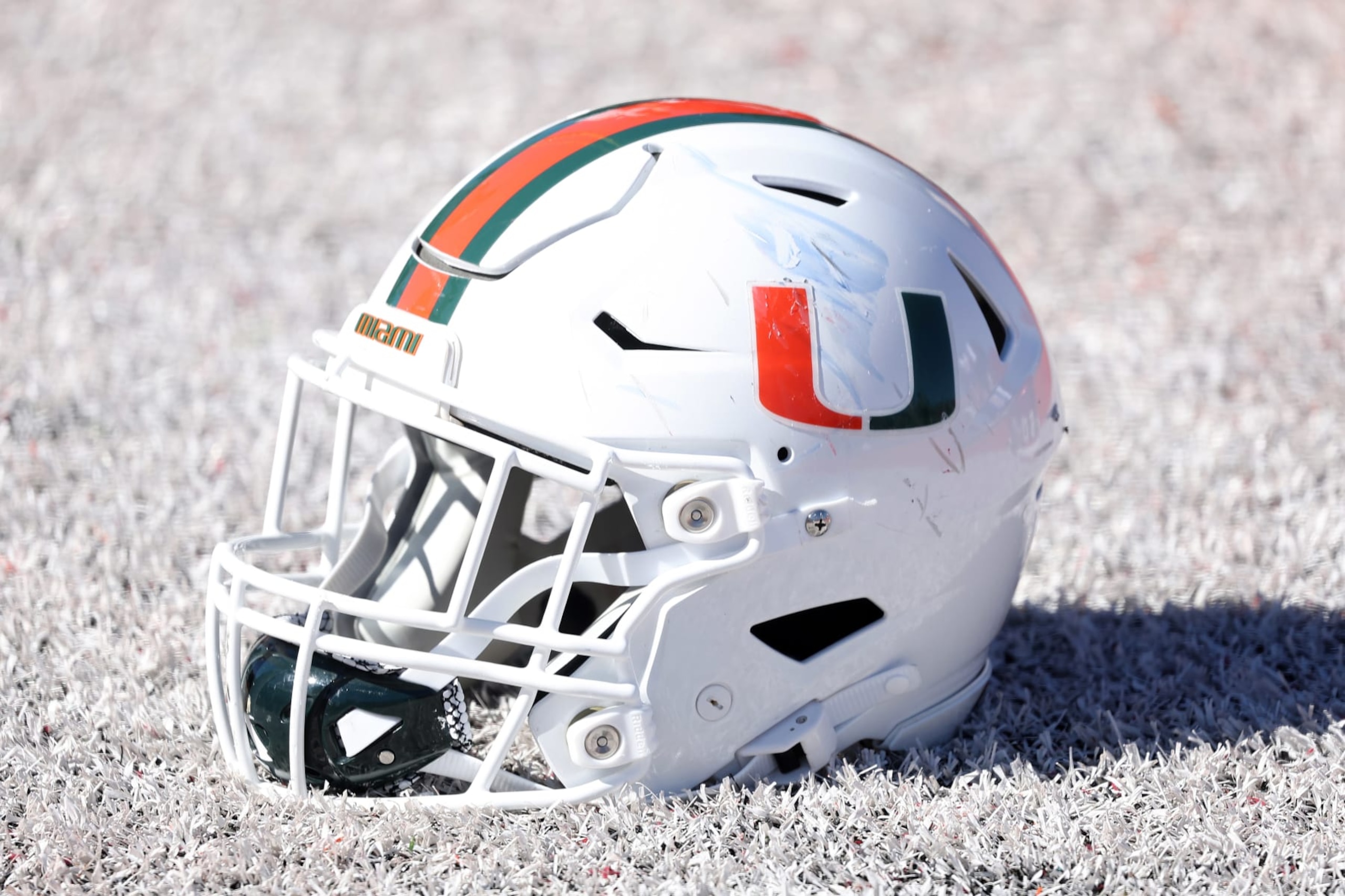 MOBILE, AL - JANUARY 31: A general view of a Miami Hurricanes helmet during the American Team practice for the Reese's Senior Bowl on January 31, 2024 at Hancock Whitney Stadium in Mobile, Alabama. (Photo by Michael Wade/Icon Sportswire via Getty Images) MOBILE, AL - JANUARY 31: A general view of a Miami Hurricanes helmet during the American Team practice for the Reese's Senior Bowl on January 31, 2024 at Hancock Whitney Stadium in Mobile, Alabama. (Photo by Michael Wade/Icon Sportswire via Getty Images)