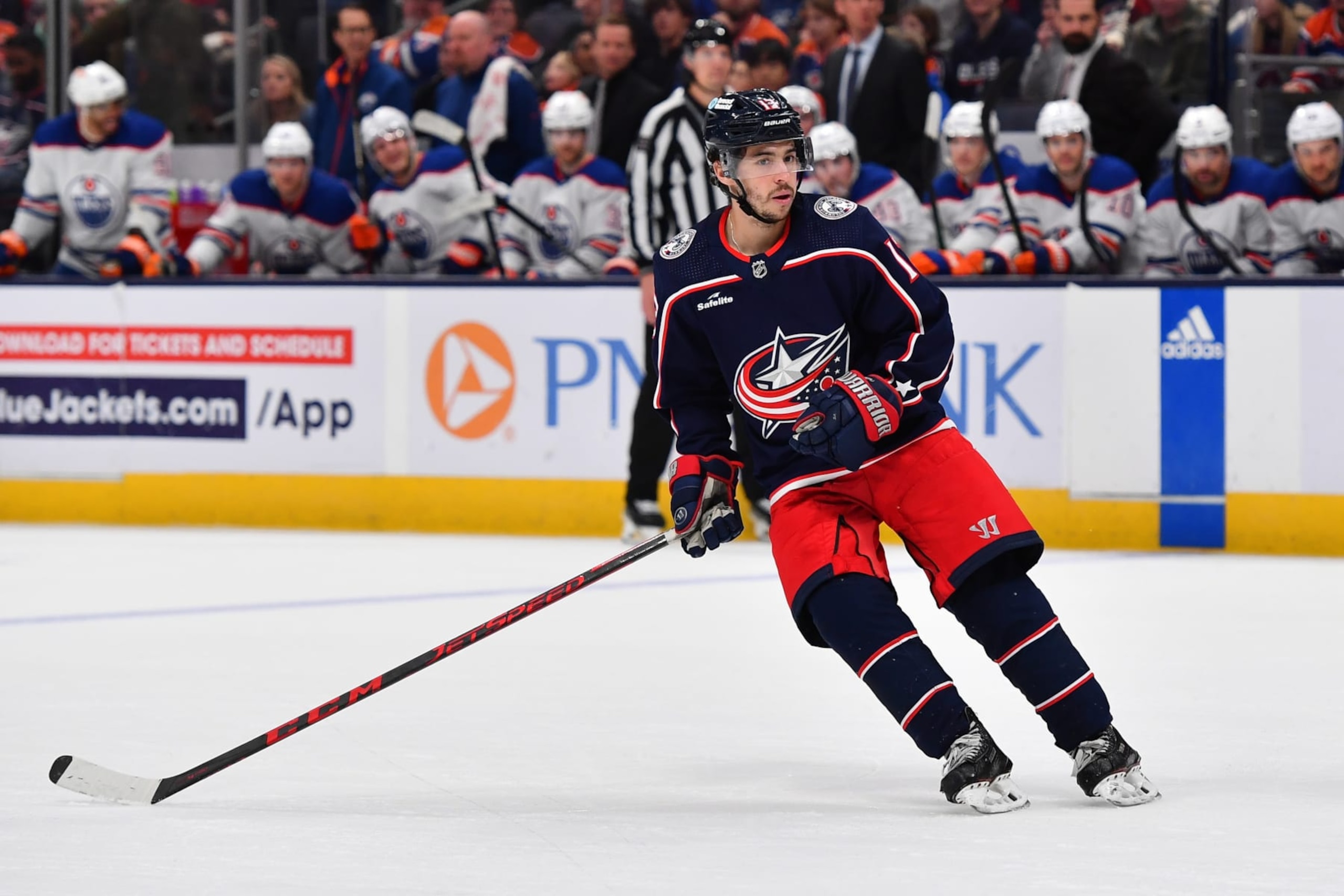 COLUMBUS, OHIO - MARCH 7: Johnny Gaudreau #13 of the Columbus Blue Jackets skates during the third period of a game against the Edmonton Oilers at Nationwide Arena on March 7, 2024 in Columbus, Ohio. (Photo by Ben Jackson/NHLI via Getty Images)