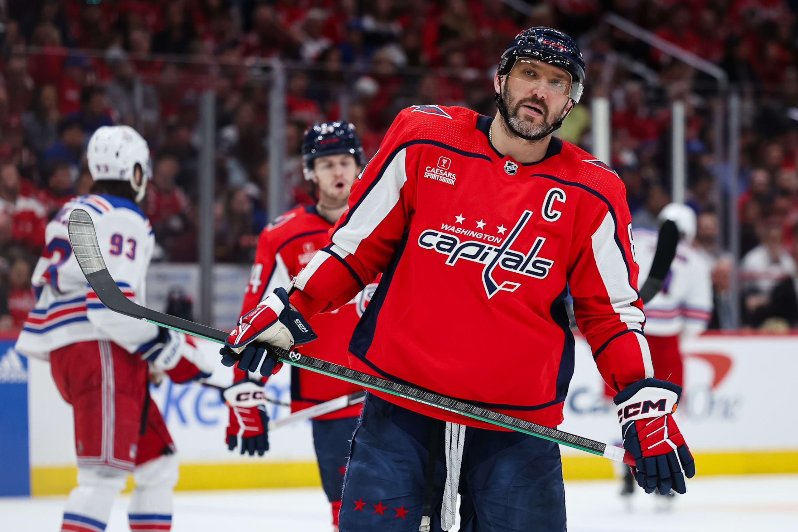 WASHINGTON, DC - APRIL 28: Alex Ovechkin #8 of the Washington Capitals looks on during the third period in Game Four of the First Round of the 2024 Stanley Cup Playoffs against the New York Rangers at Capital One Arena on April 28, 2024 in Washington, DC. (Photo by Scott Taetsch/Getty Images)